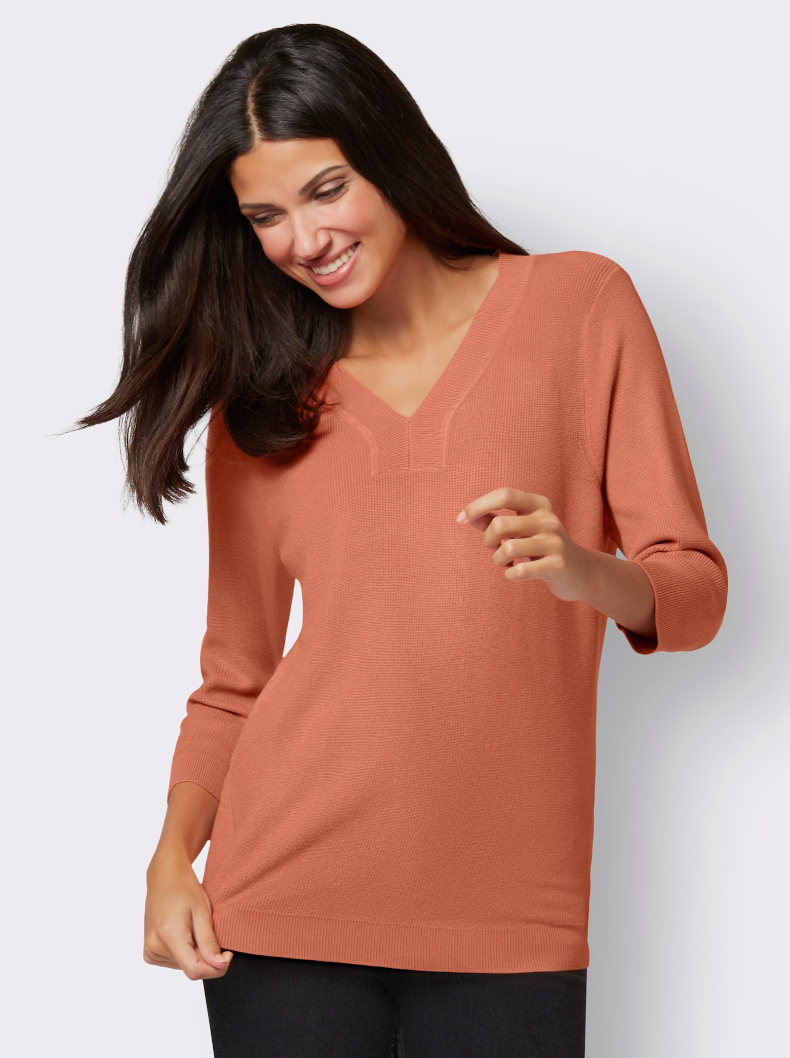 Pullover met V-hals in viscosemix - papaya