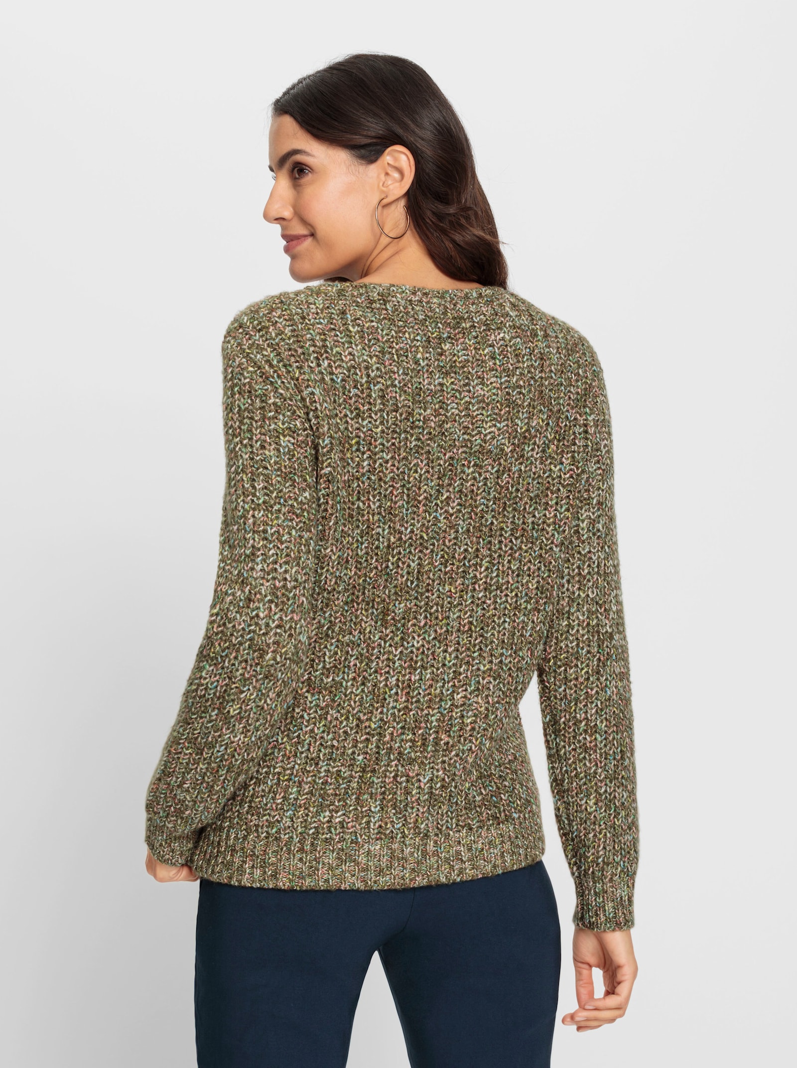 Langarm-Pullover mit Zopfmuster vorne - schilf-meliert