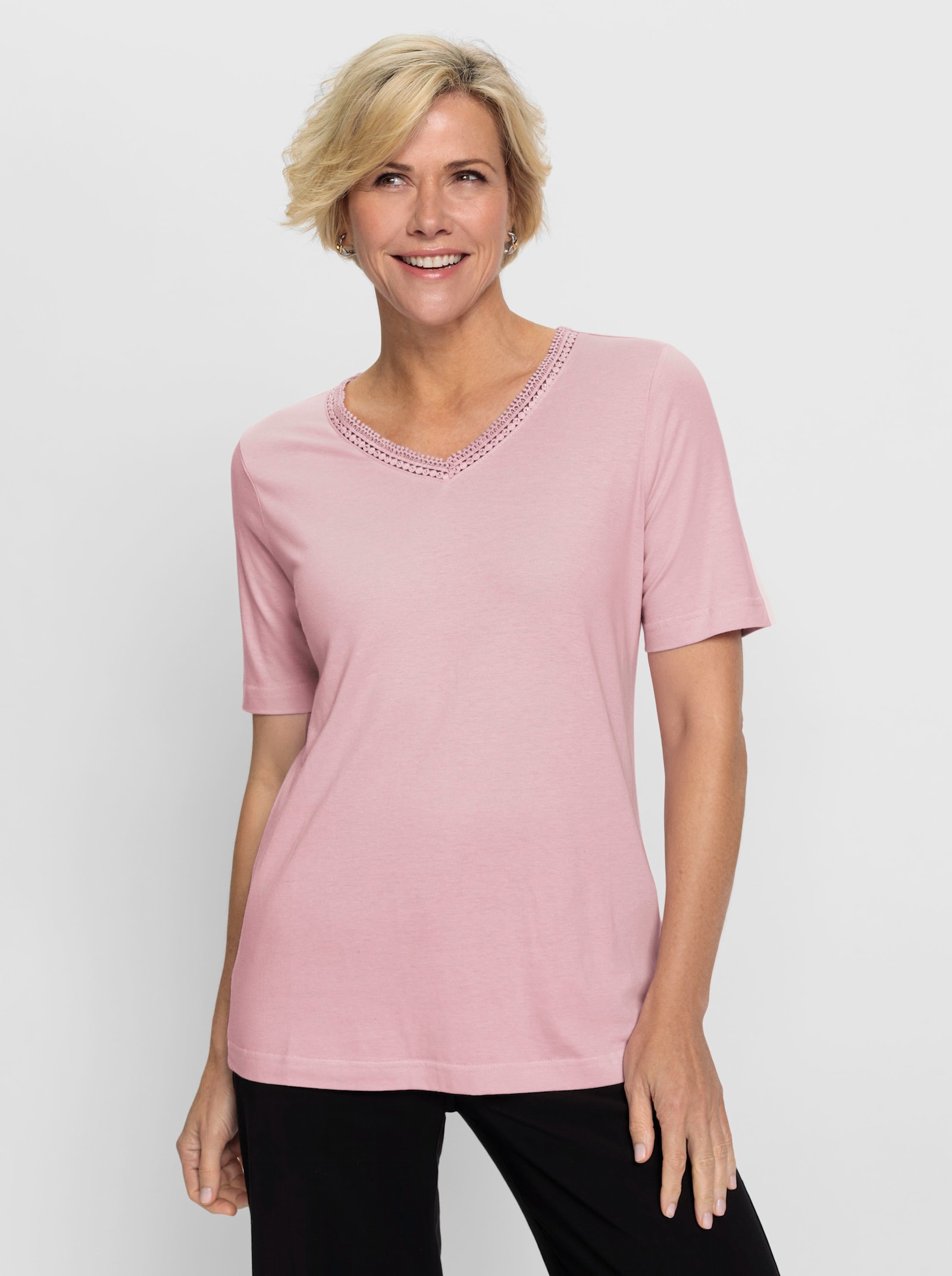  V-Shirt mit Spitze am Ausschnitt - rosé