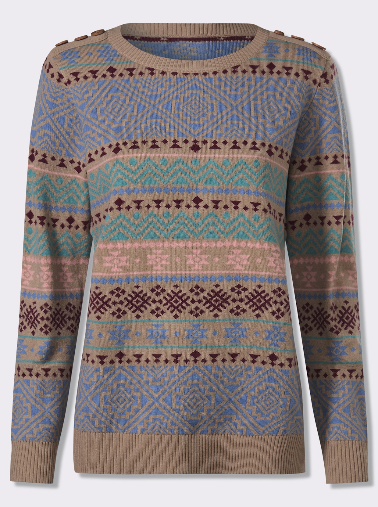 Pullover met ronde hals en sierknopen - sesam/bordeaux gedessineerd