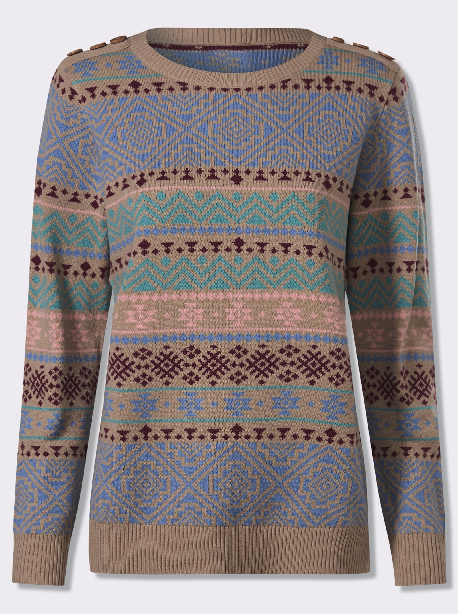 Rundhalspullover mit Zierknöpfen - sesam-bordeaux-gemustert