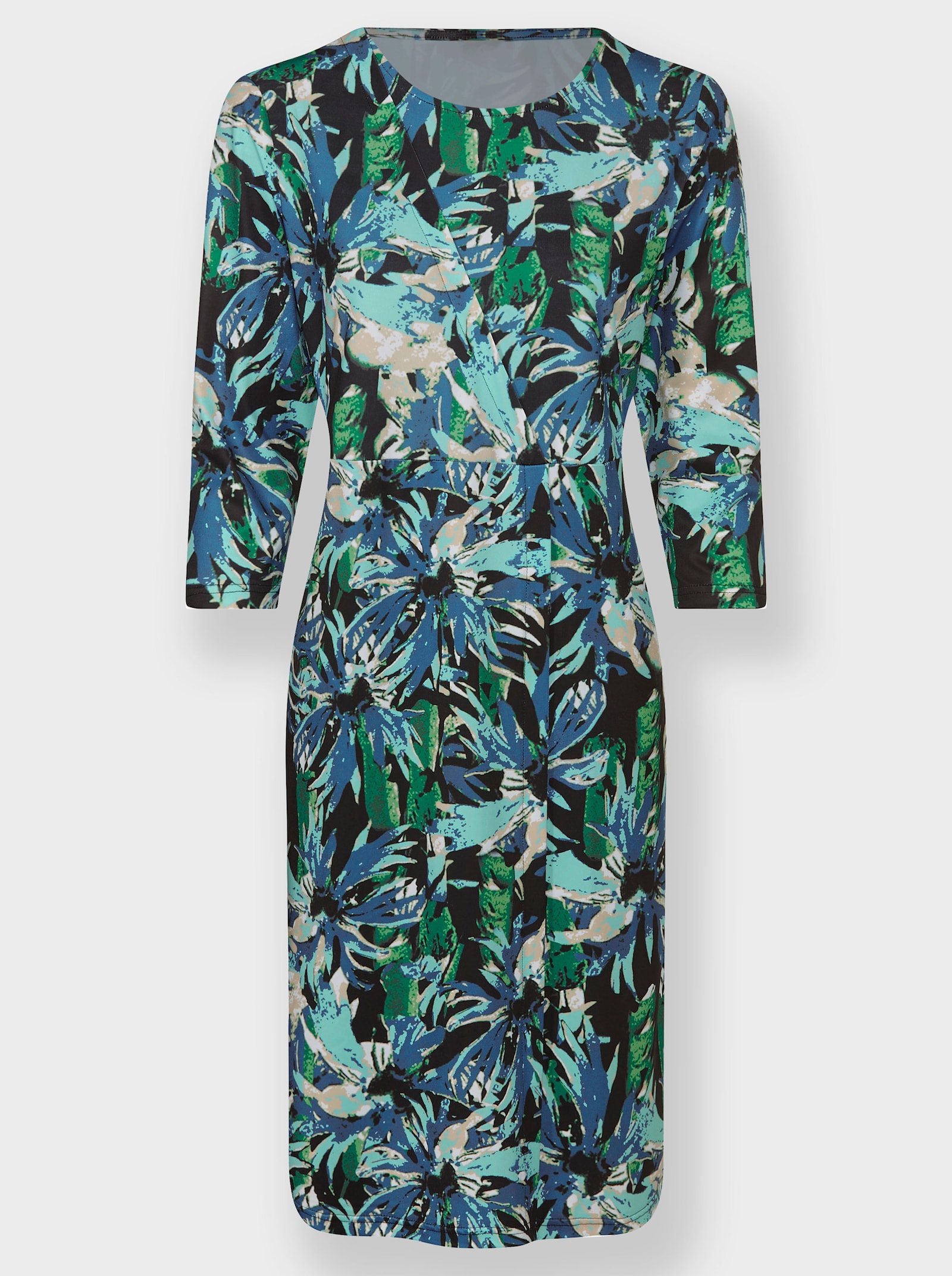 Jerseykleid in Wickel-Optik - schwarz-aquamarin-bedruckt