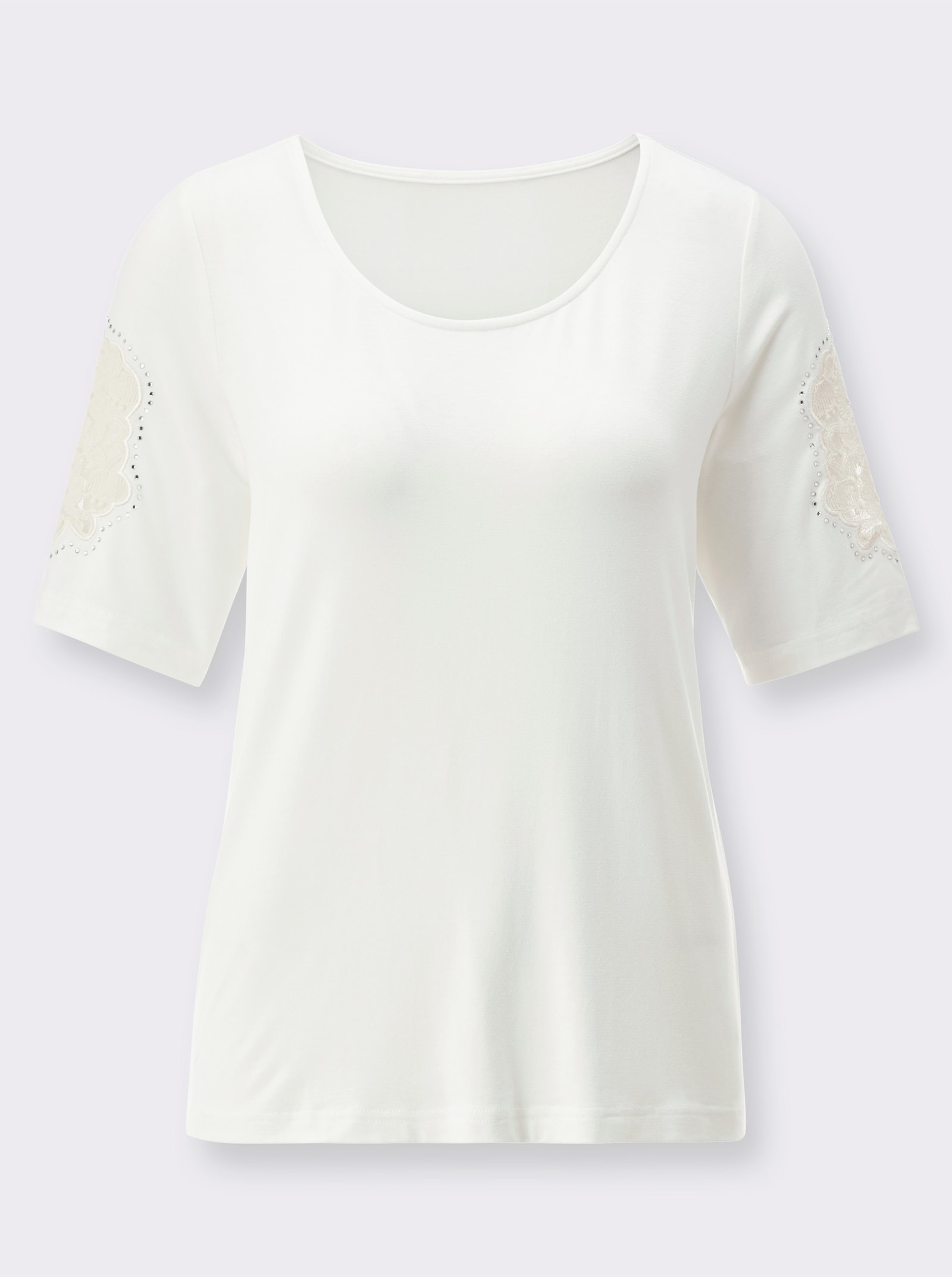  Rundhalsshirt mit Spitze und Glitzersteinchen - ecru