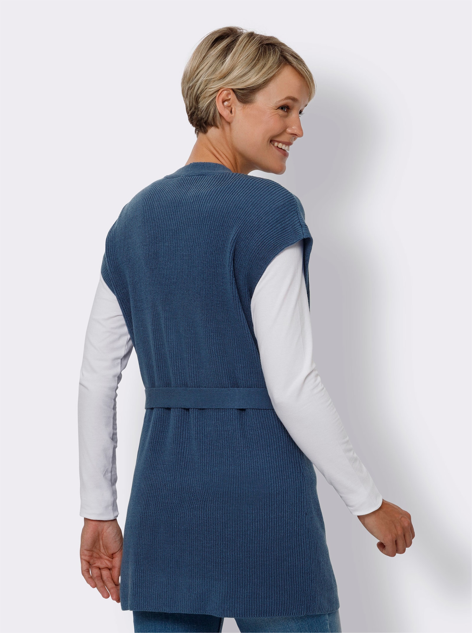 Pletená vesta, odstrániteľná viazačka - džínsová modrá