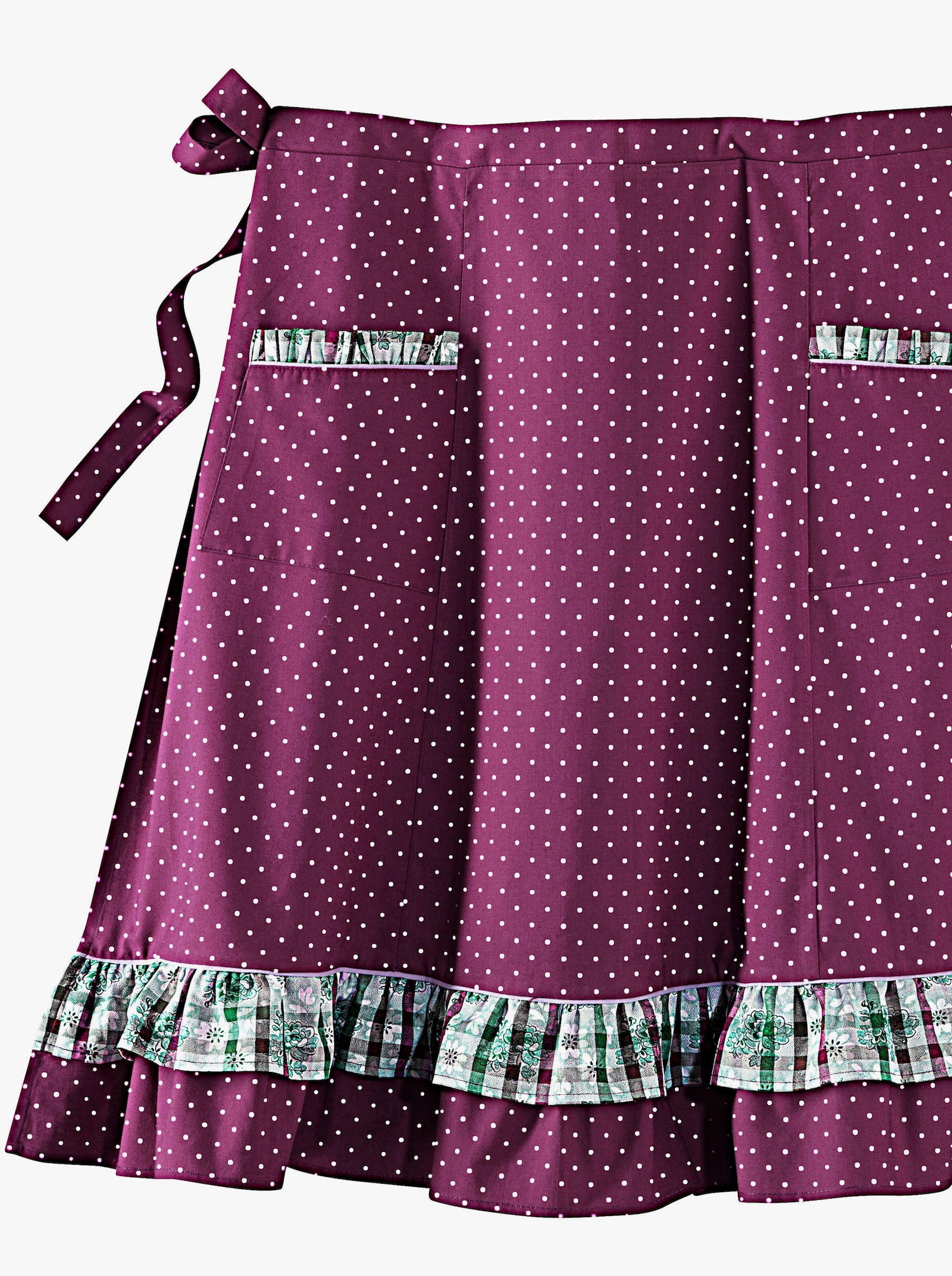 Halbschürze mit Rüschen - lila-getupft + lila-kariert