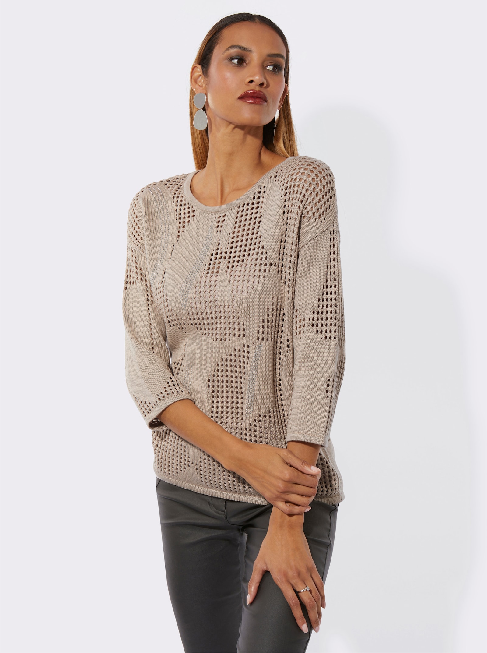 Ajourpullover met opstaande kraag en glanzende siersteentjes - beige