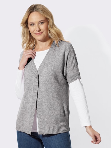 Strickjacke mit Fledermaus-Ärmeln - steingrau-ecru-meliert