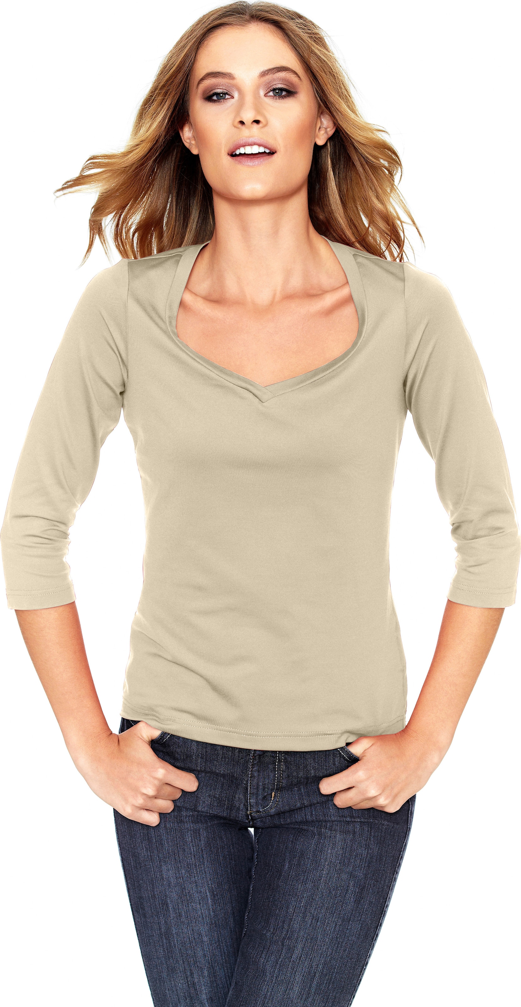 IR Mini günstig Kaufen-Shirt in sand von heine. Shirt in sand von heine <![CDATA[Shirt Femininer Kombi-Style aus Tactel, in angenehmer Stretch-Qualität. Mit hoher Farbbrillanz und leichtem Glanz. Figurbetont, mit Herzausschnitt und 3/4-Arm.]]>. 