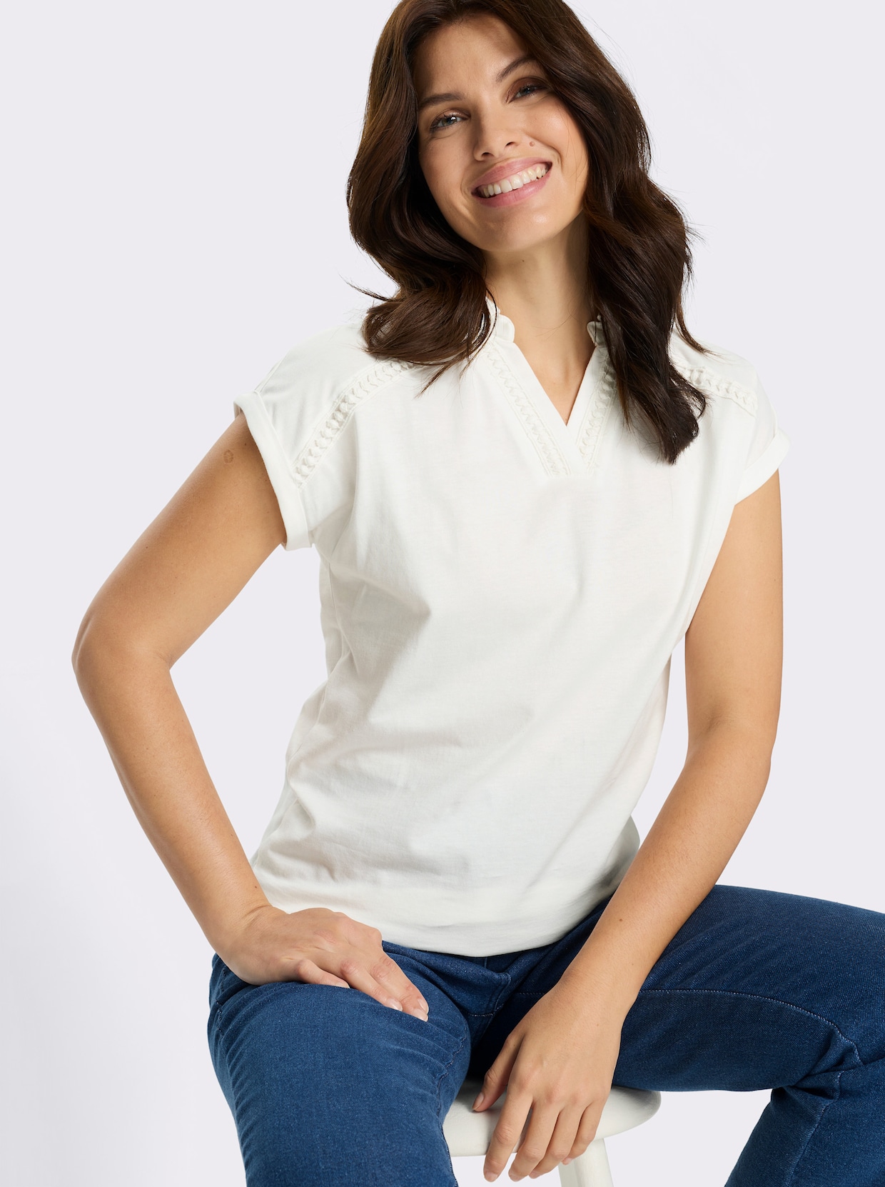 Poloshirt mit Spitzenborte - ecru