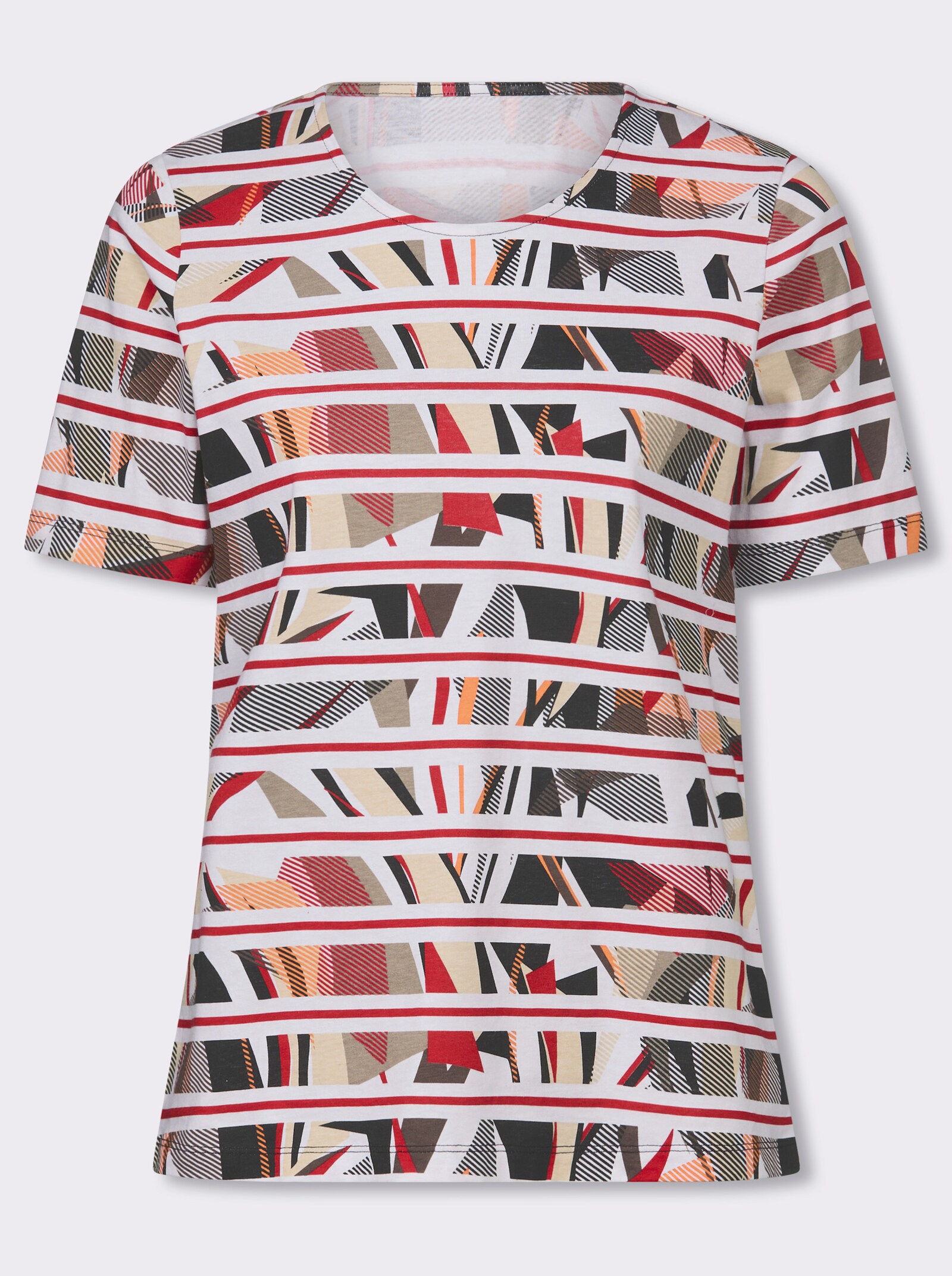 Kurzarmshirt mit Streifen- und Grafikmuster - erdbeere-taupe-bedruckt