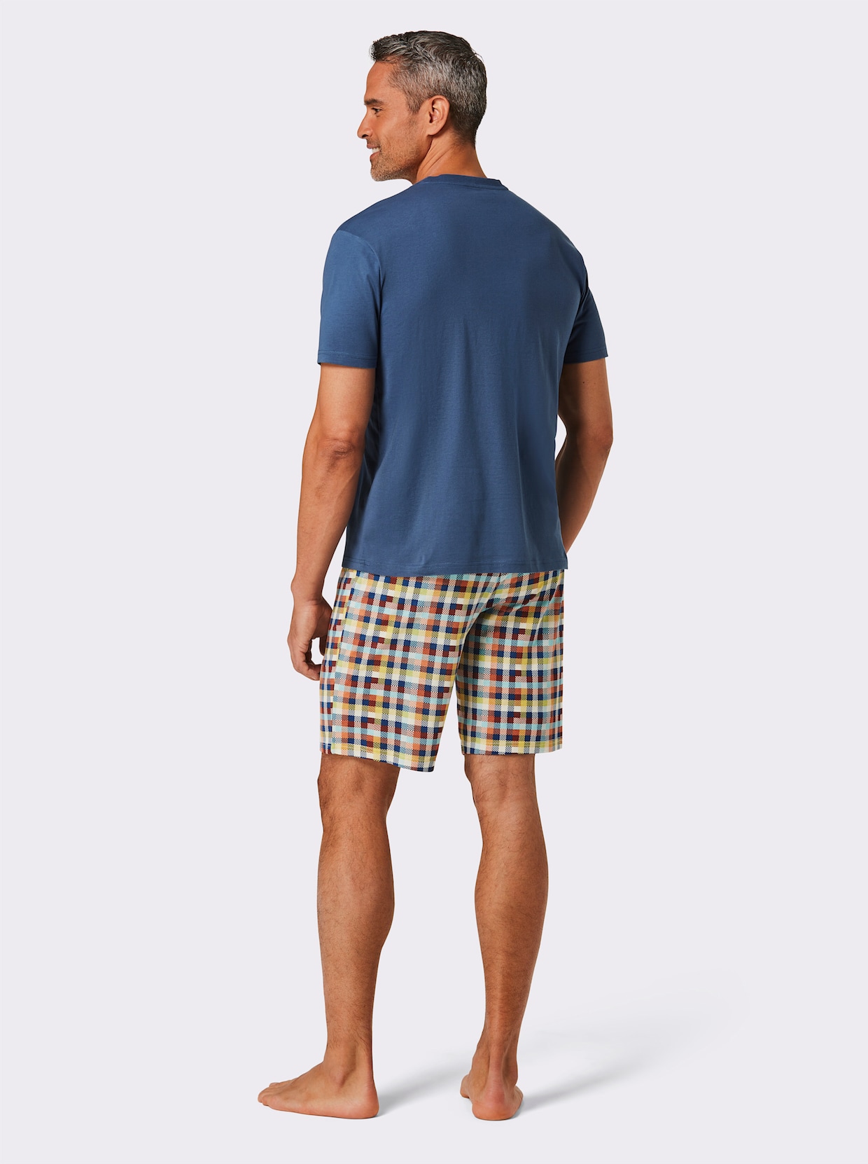 wäschepur men Shortama - jeansblauw/ivoor geruit