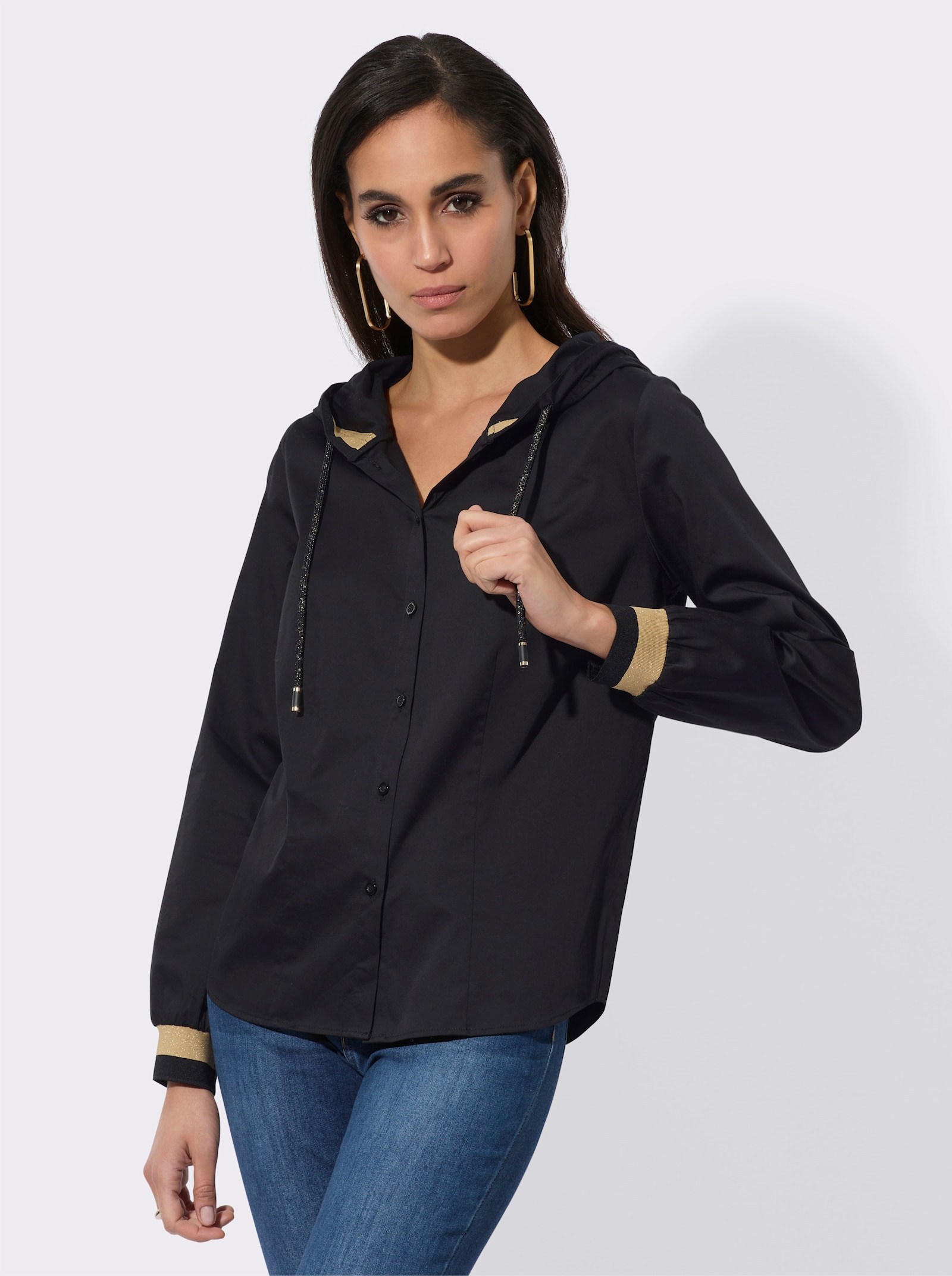 Langarm-Bluse mit funkelnden Zierbändern - schwarz