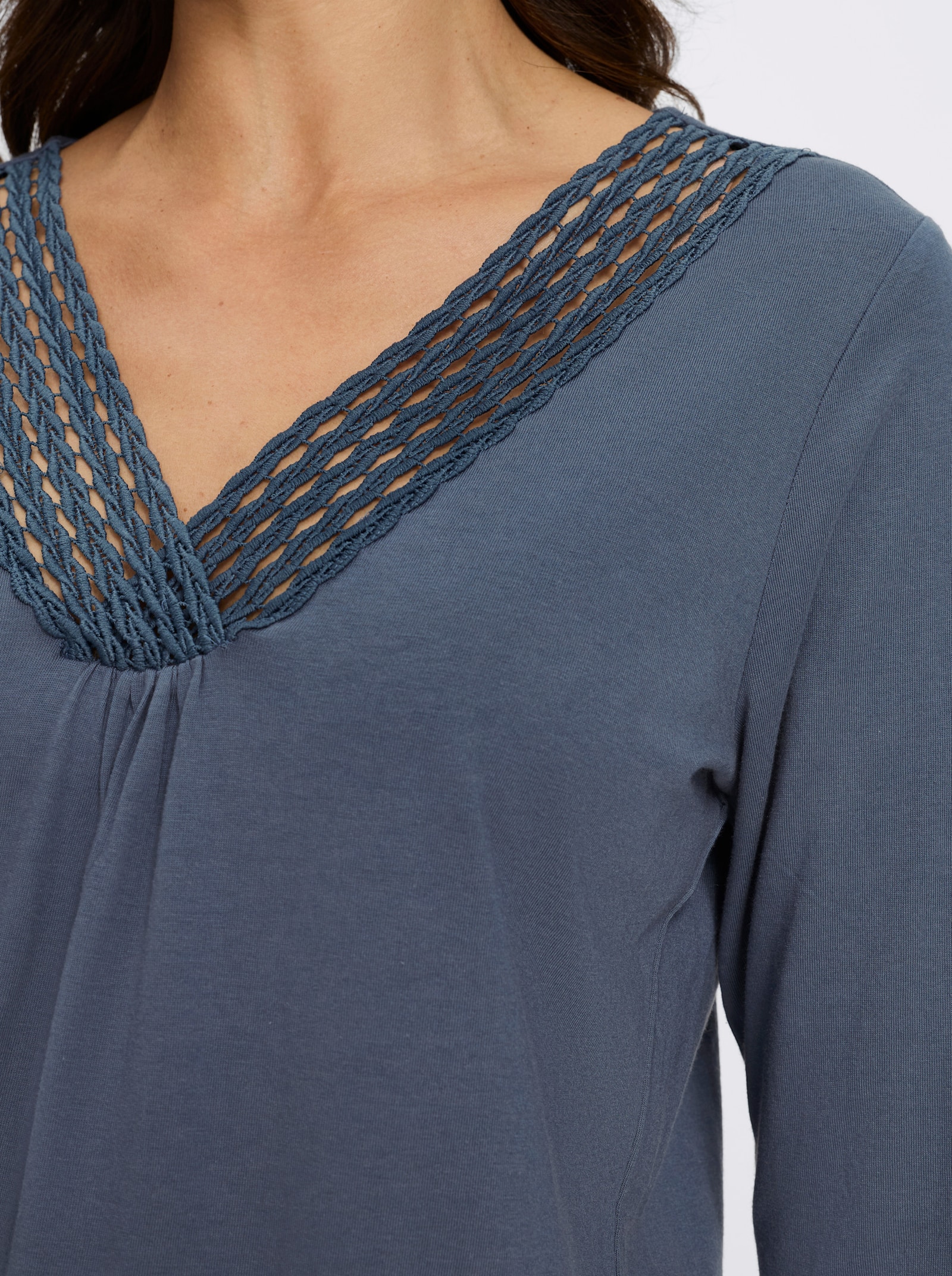 Langarmshirt mit Spitzenbesatz - rauchblau