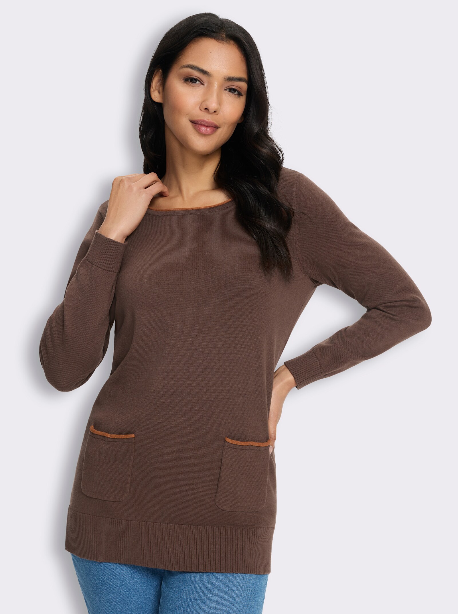 Longpullover mit Kontrast-Rollsaum - schoko
