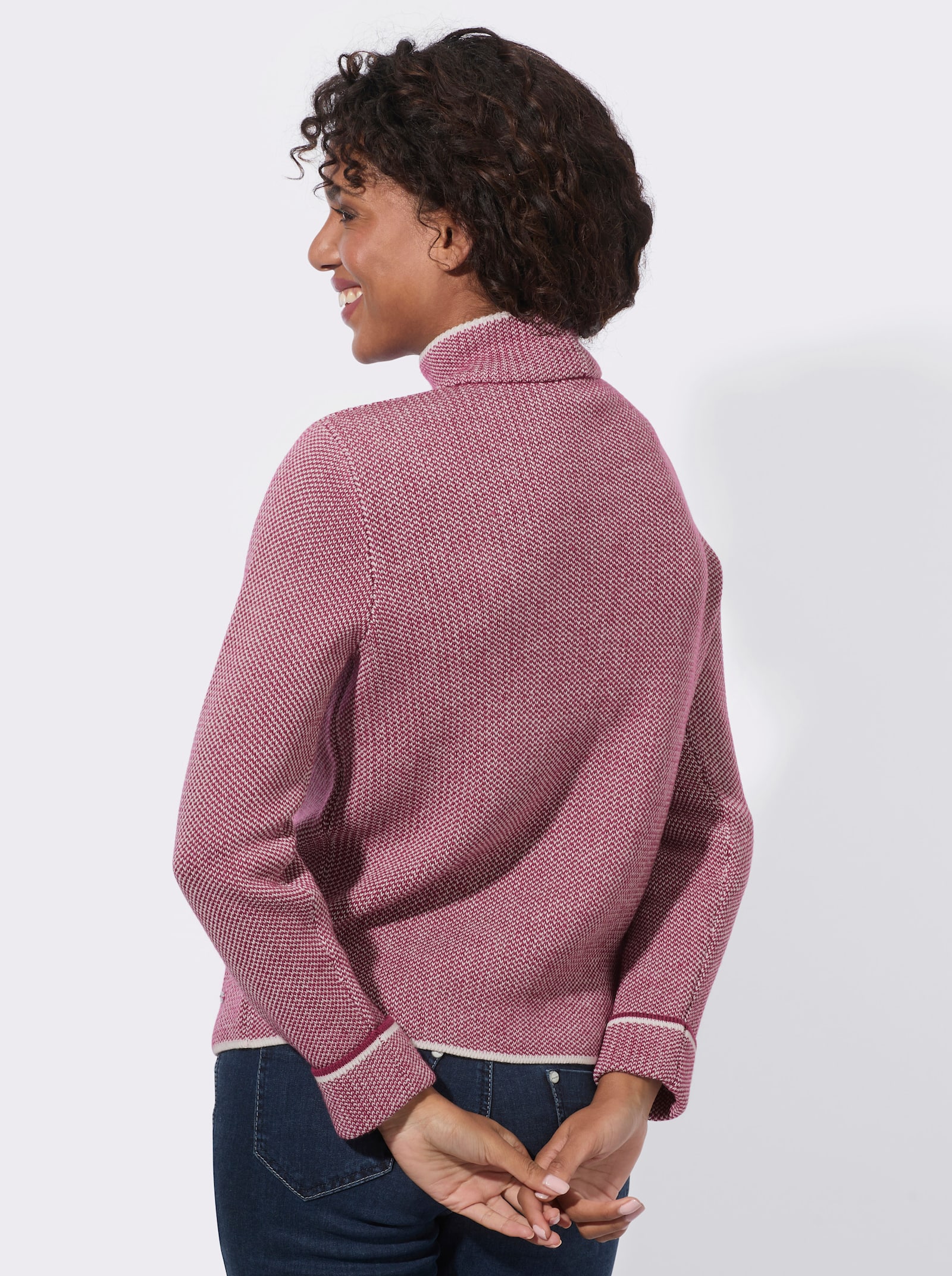 Stehkragenpullover mit Strickmuster - malve-ecru-meliert