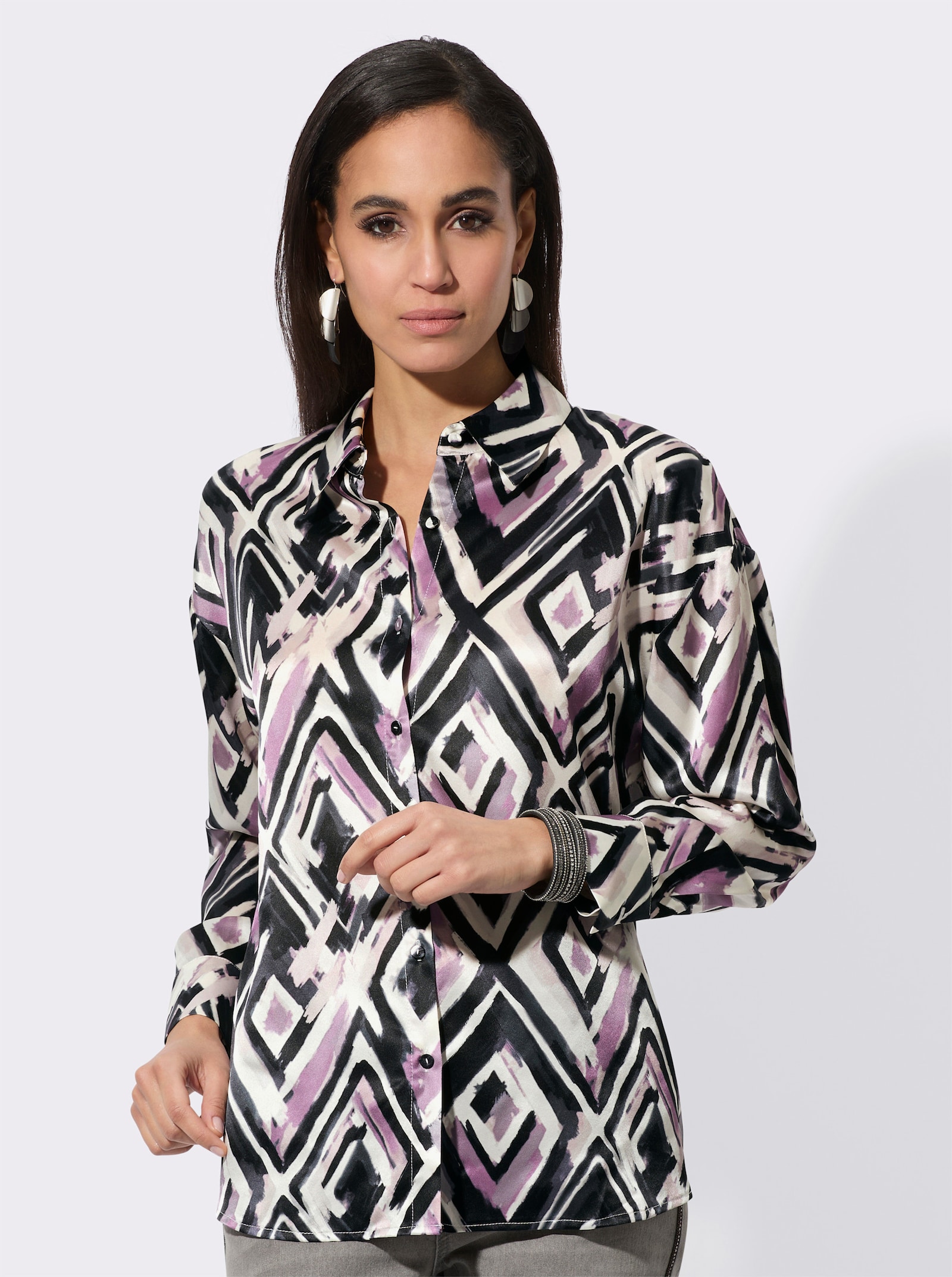 Seidenbluse - ecru-graphit-bedruckt