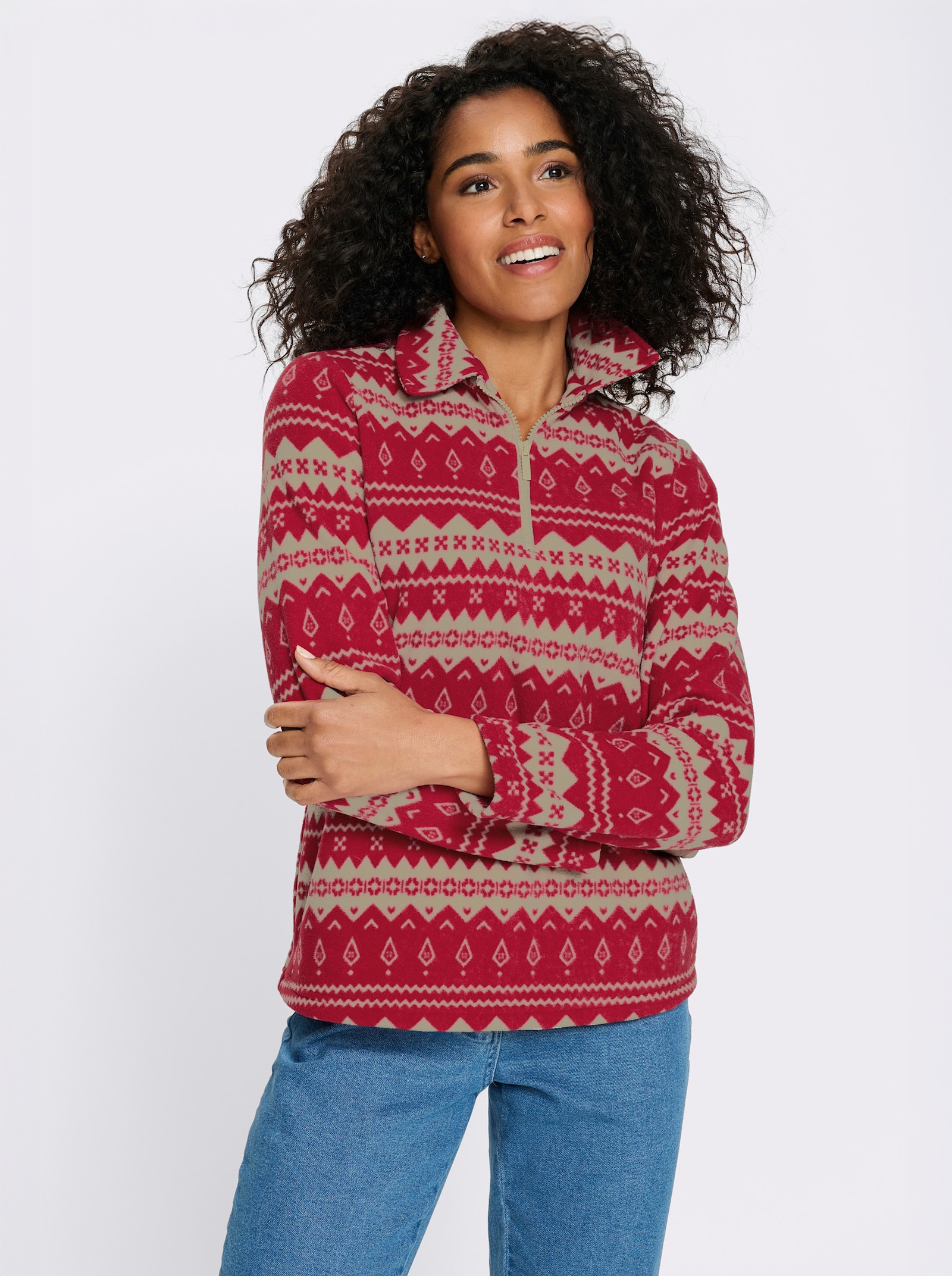 Fleeceshirt mit Streifen-Muster - rot-beige-bedruckt