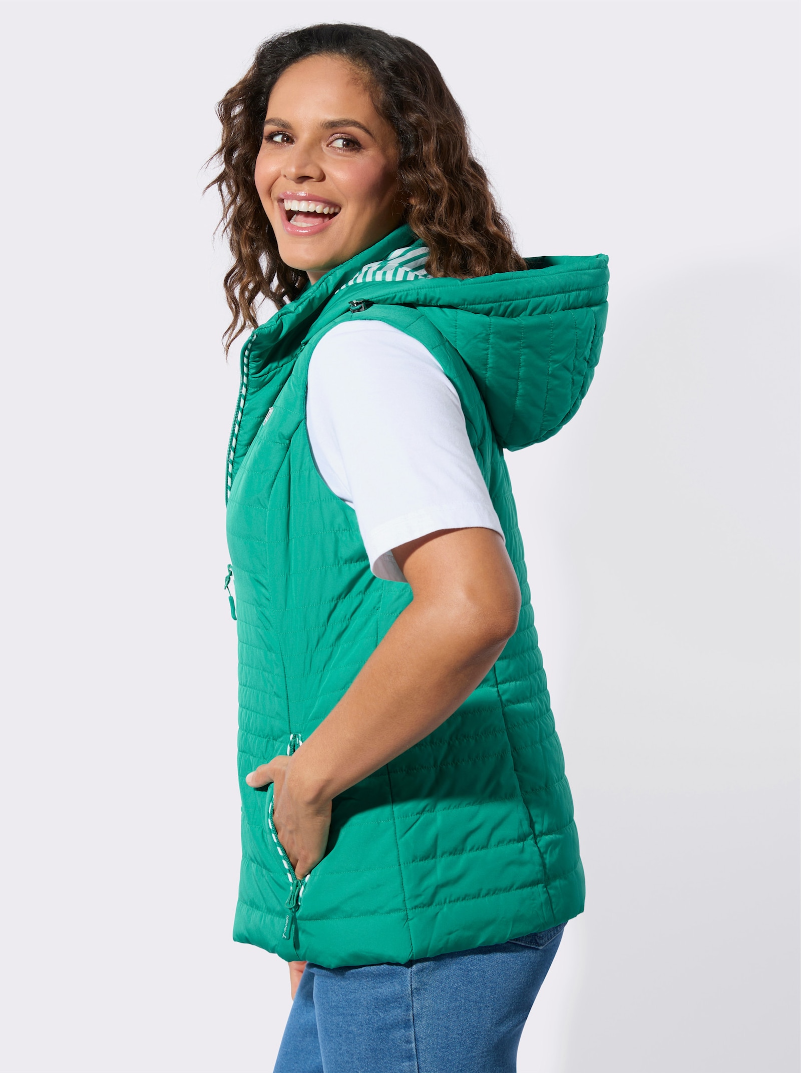 Gilet met capuchon en gestreepte voering - smaragdgroen