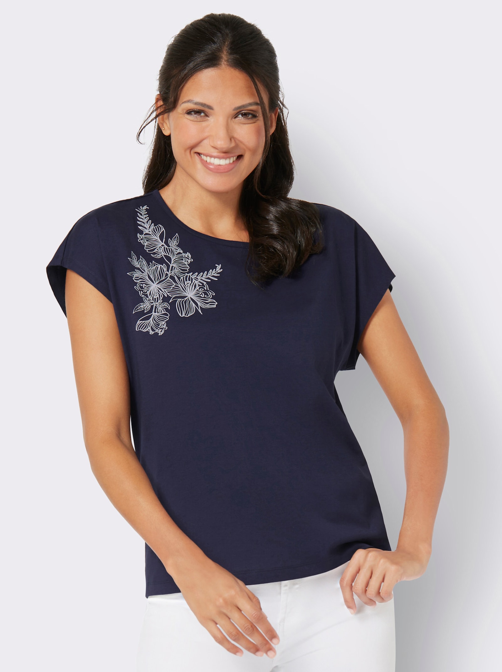 Rundhalsshirt mit zartem Blumenprint - marine-ecru