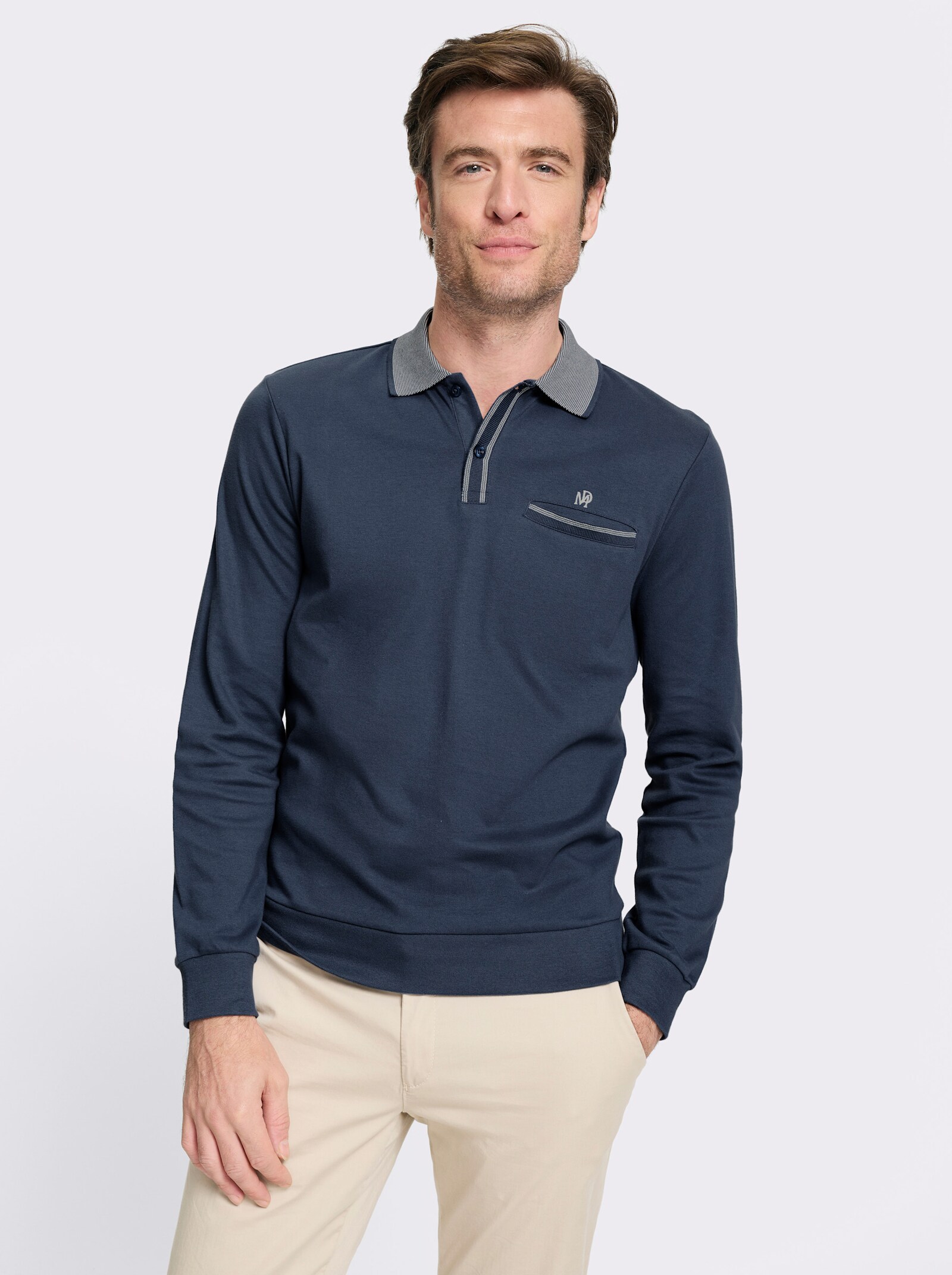 Marco Donati Langarm-Poloshirt mit Logo-Stickerei - rauchblau