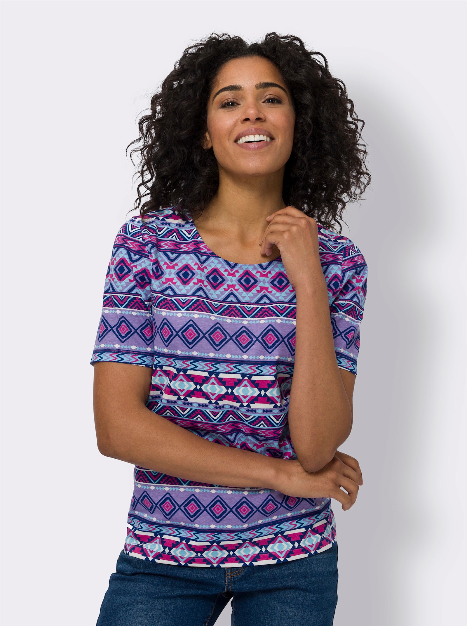 Kurzarmshirt mit Ethno-Muster, Baumwolle - aqua-fuchsia-bedruckt