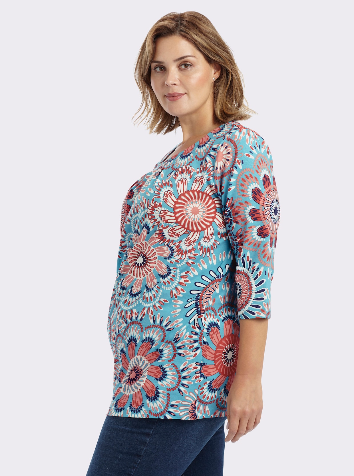 Longshirt in leichter A-Linie - türkis-flamingo-bedruckt