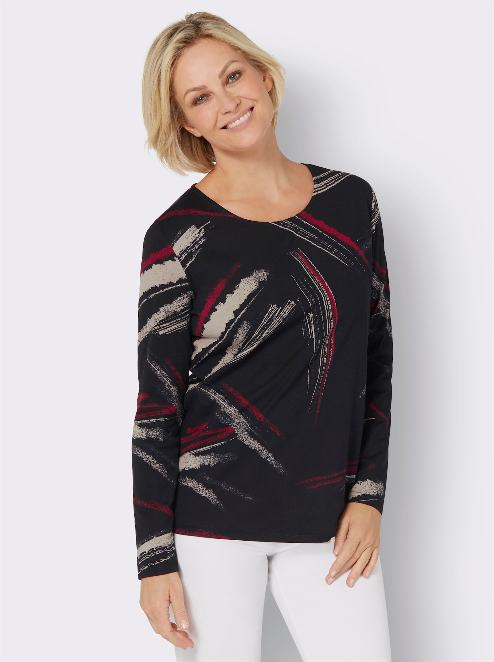 Shirt met ronde hals en print - zwart/sesam bedrukt