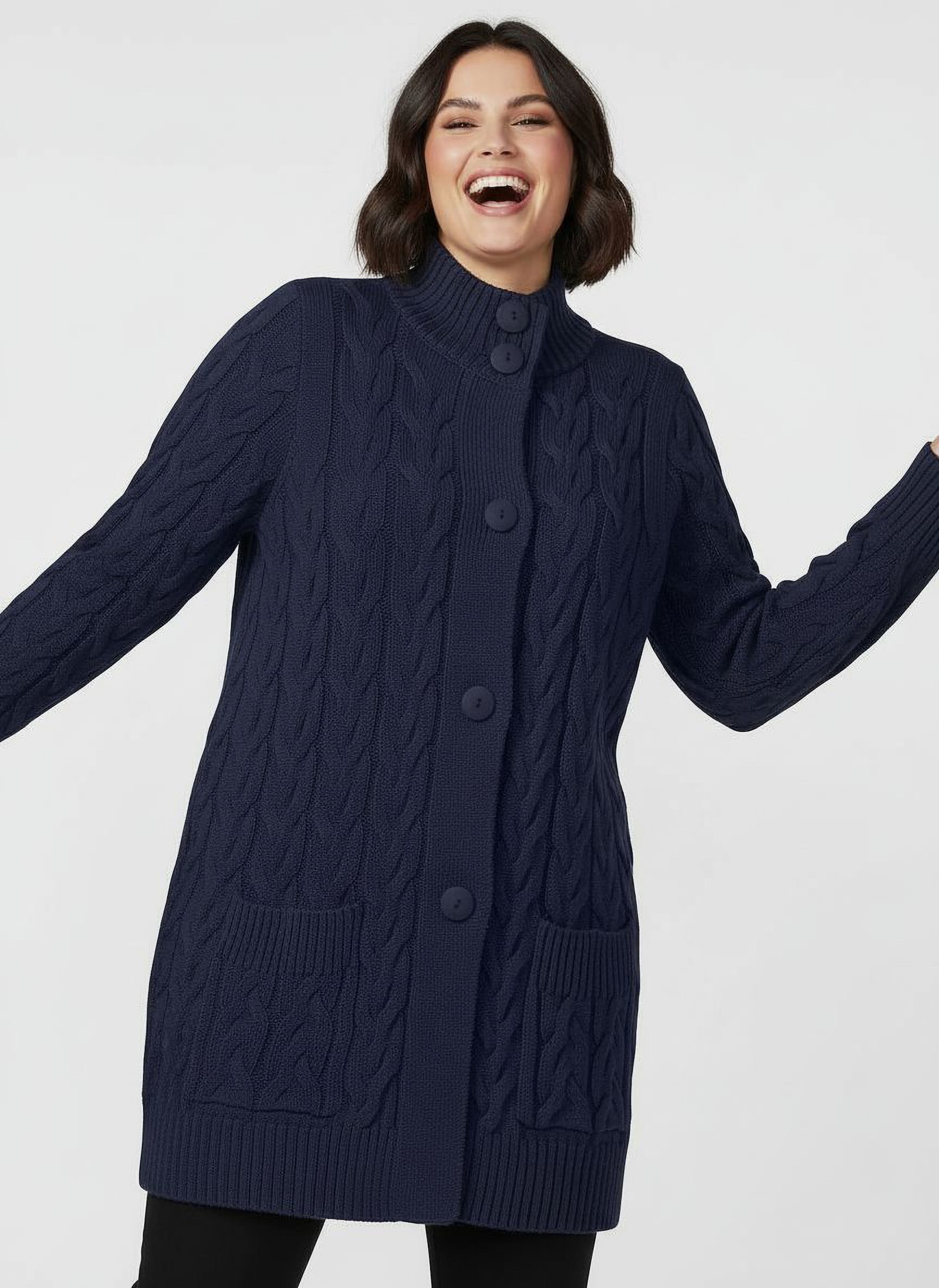 Longstrickjacke mit Zopfmuster - marine