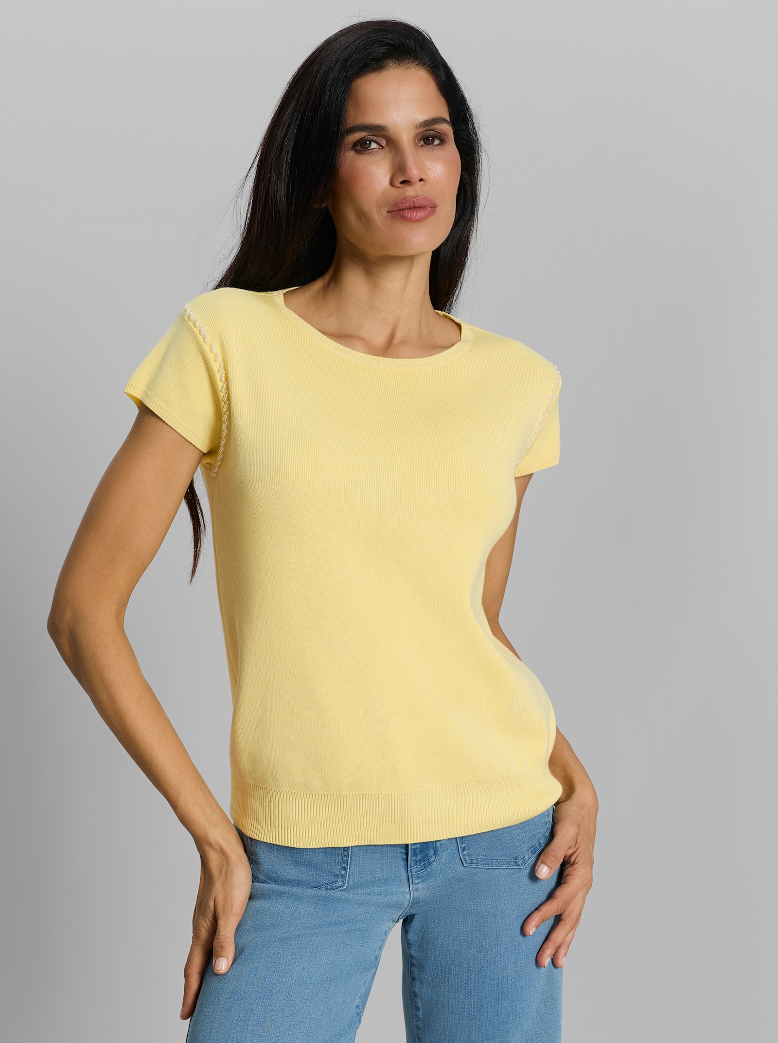 heine Kurzarmpullover mit Zierperlen - zitrone