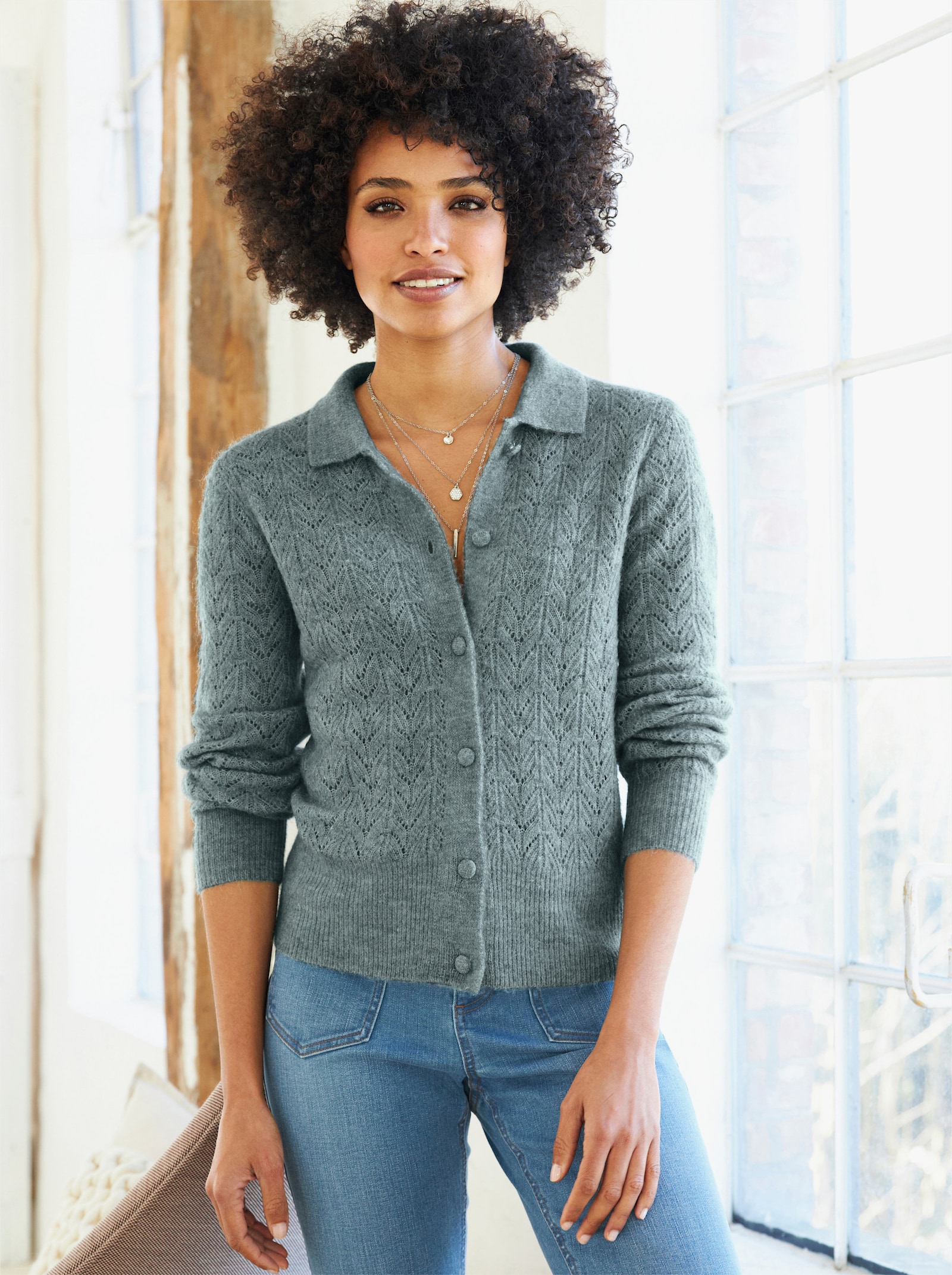 heine Ajourstrickjacke mit Hemdkragen - jade-meliert