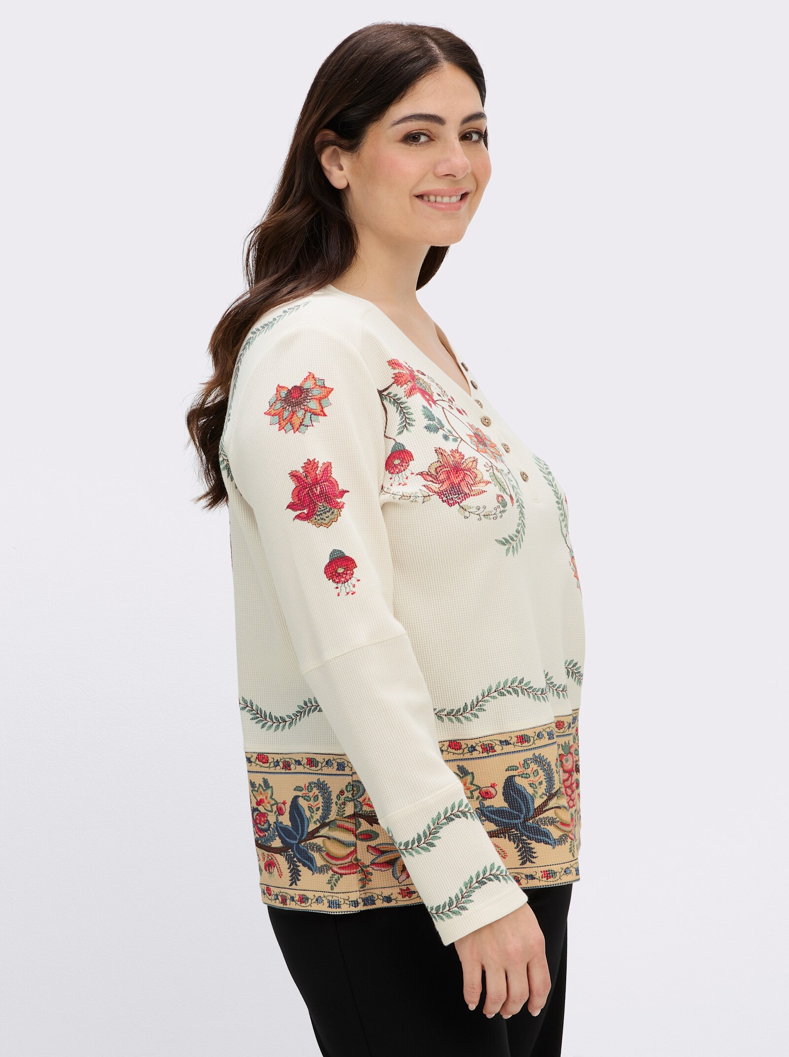 sheego by Joe Browns Langarmshirt mit Blumendruck und Holzknöpfen - champagner-rostrot-bedruckt