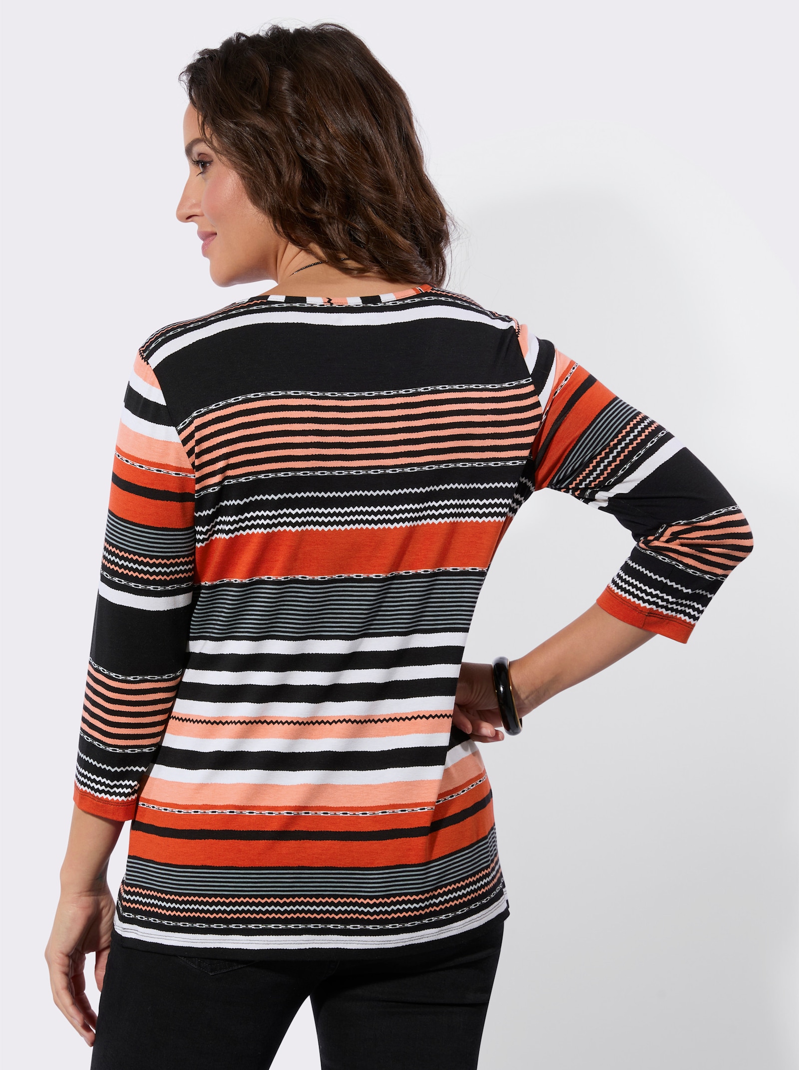 Ringelshirt mit Rundhals-Ausschnitt - erdbeere-schwarz-geringelt