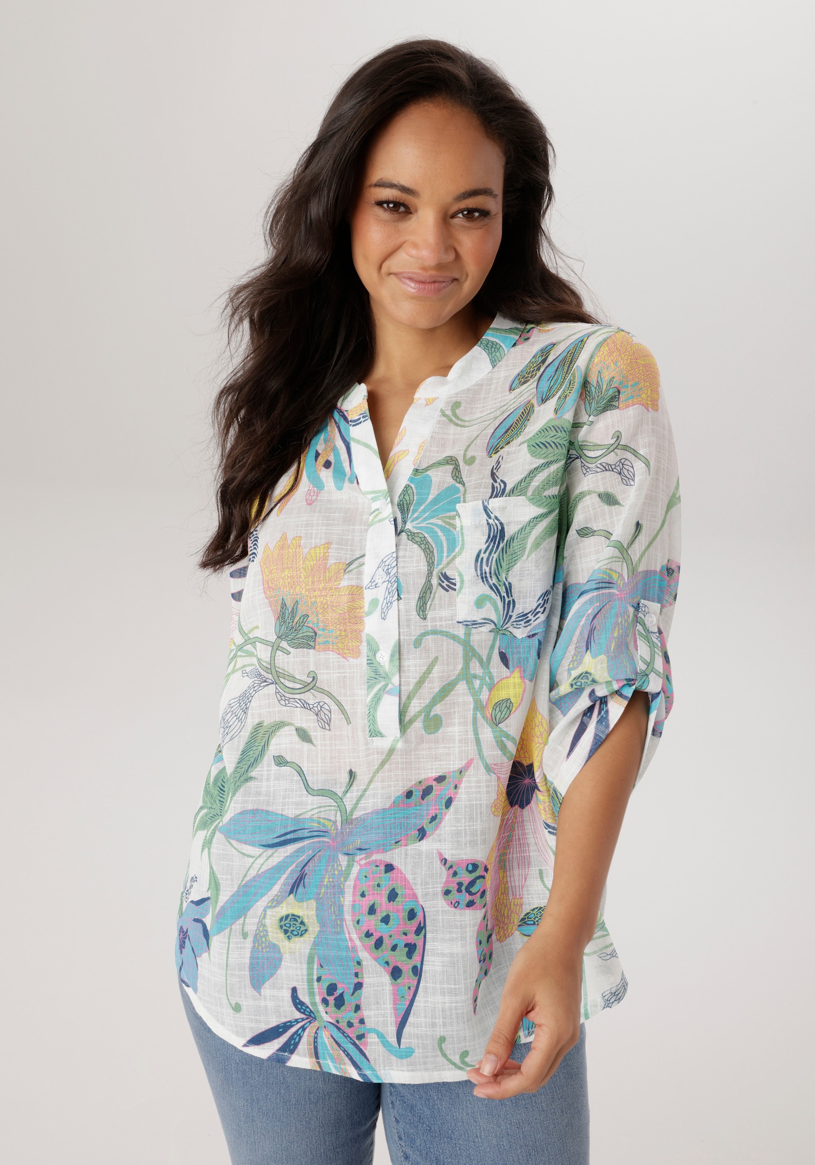 Aniston PLUS Schlupfbluse - weiß-türkis-gelb-pink-grün-blau