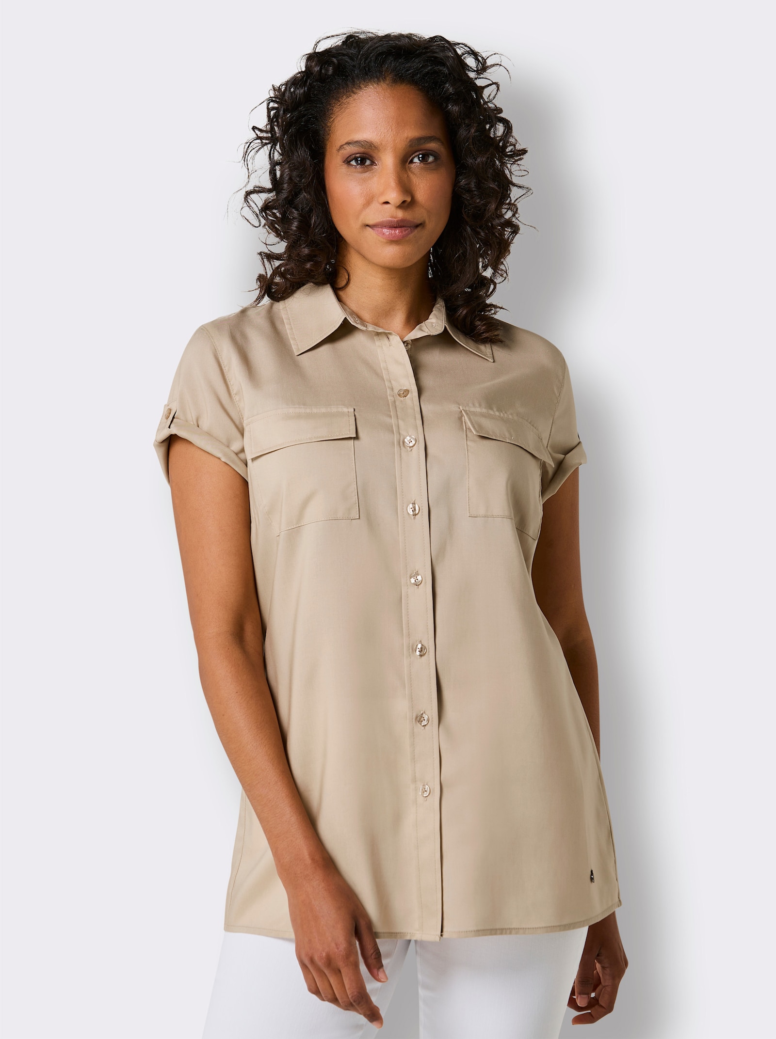 CREATION L PREMIUM Kurzarm-Bluse aus reinem Lyocell - beige