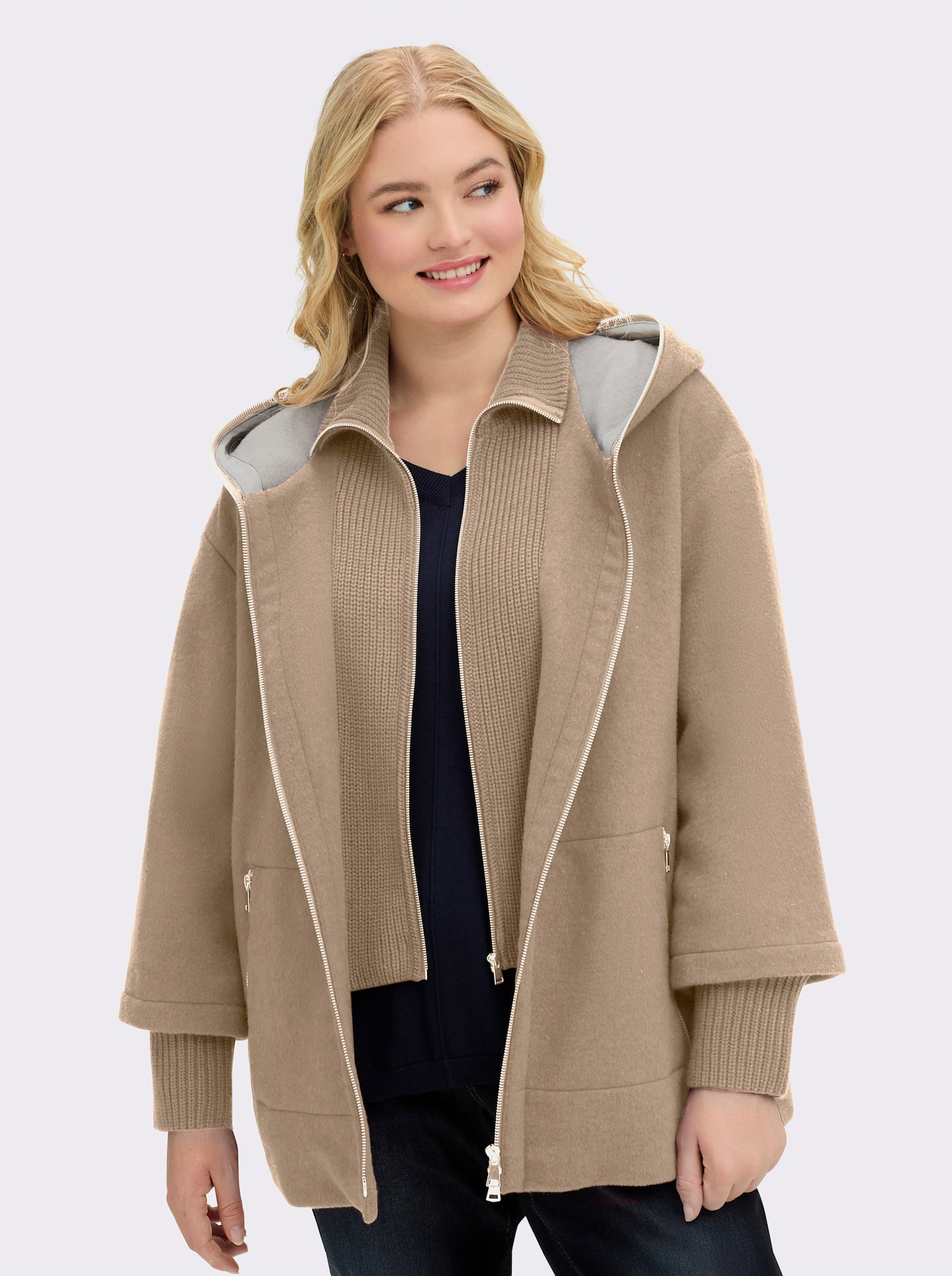 Manisa Wolljacke mit Strickeinsatz am Kragen - camel-sand-meliert