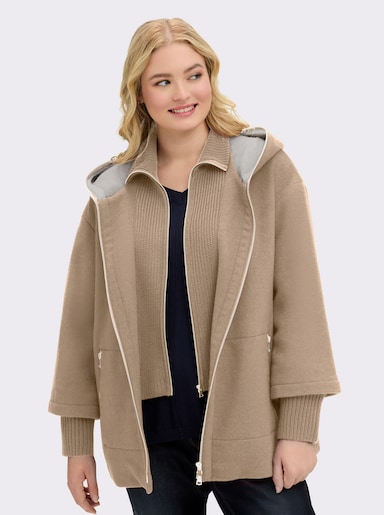 Manisa Wolljacke mit Strickeinsatz am Kragen - camel-sand-meliert