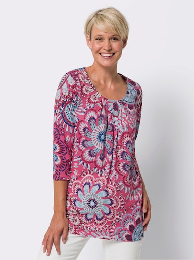 Longshirt in leichter A-Linie - fuchsia-aqua-bedruckt