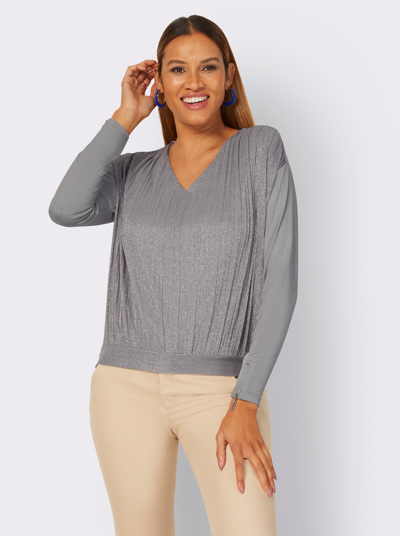 V-Shirt mit Glanzgarnen - steingrau