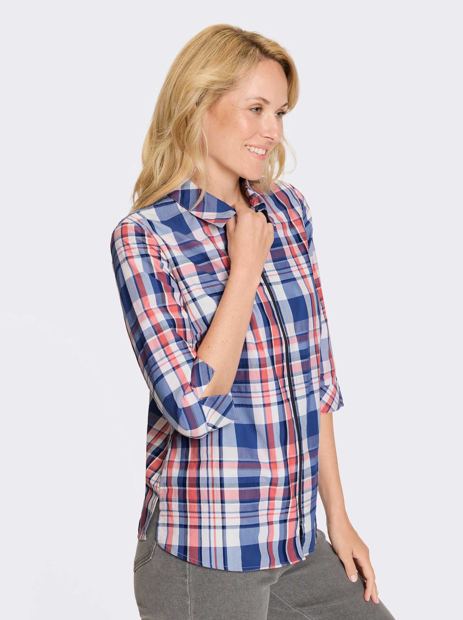 Károvaná blúzka, zap.na zips - džíns. modrá-koral. káro