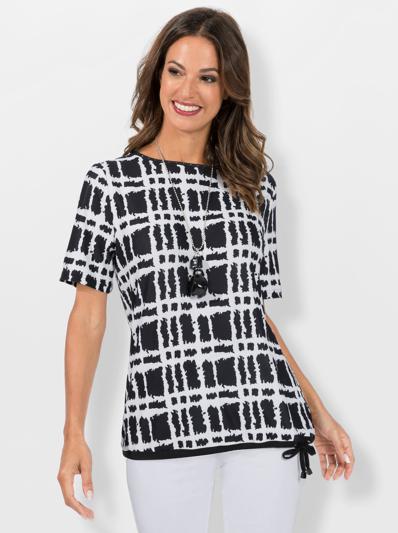 Kurzarmshirt mit Bindebändern - ecru-schwarz-bedruckt