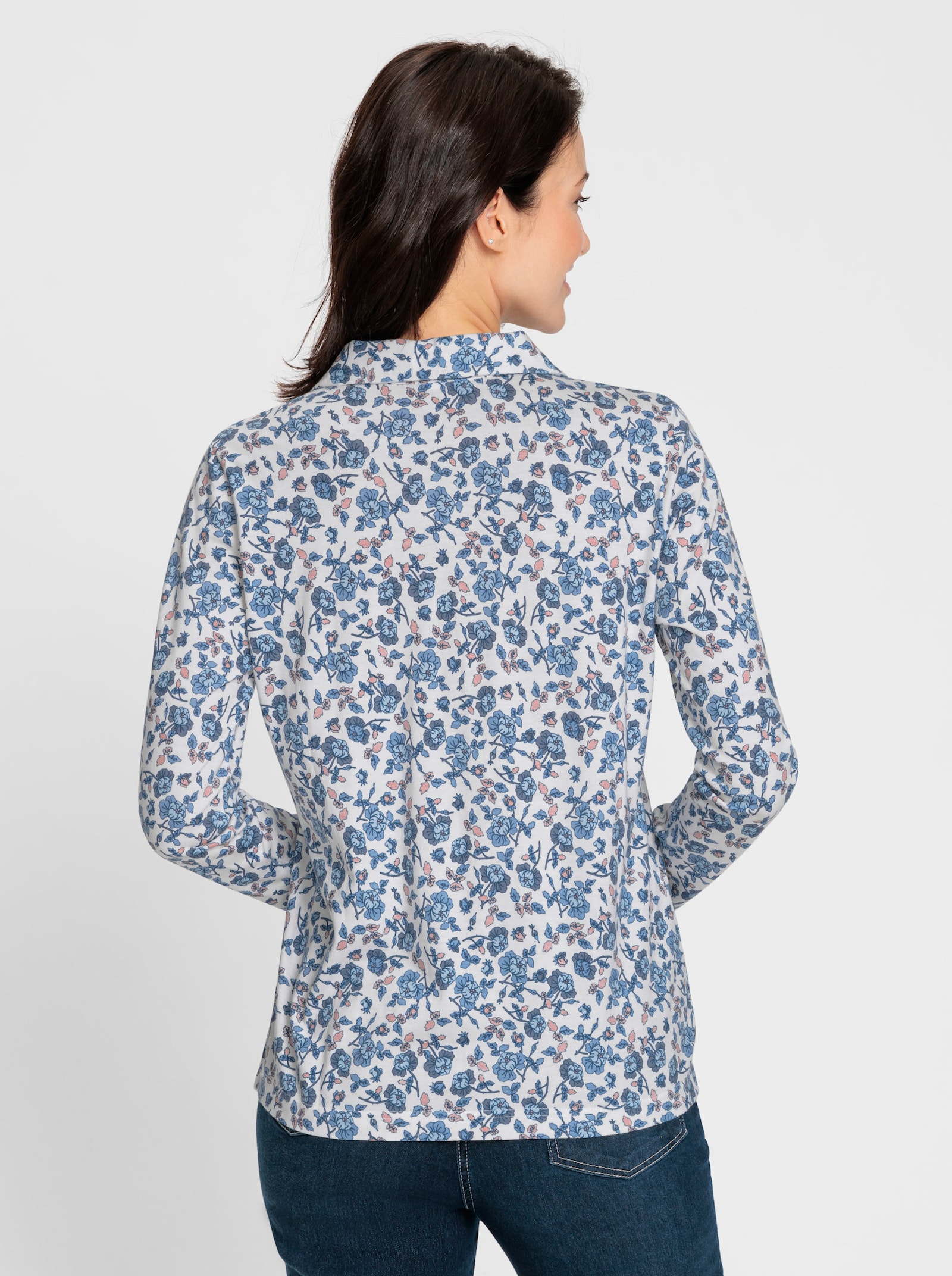 Polokošeľa, kvety - Svetlobéžová a džínsová modrá potlač