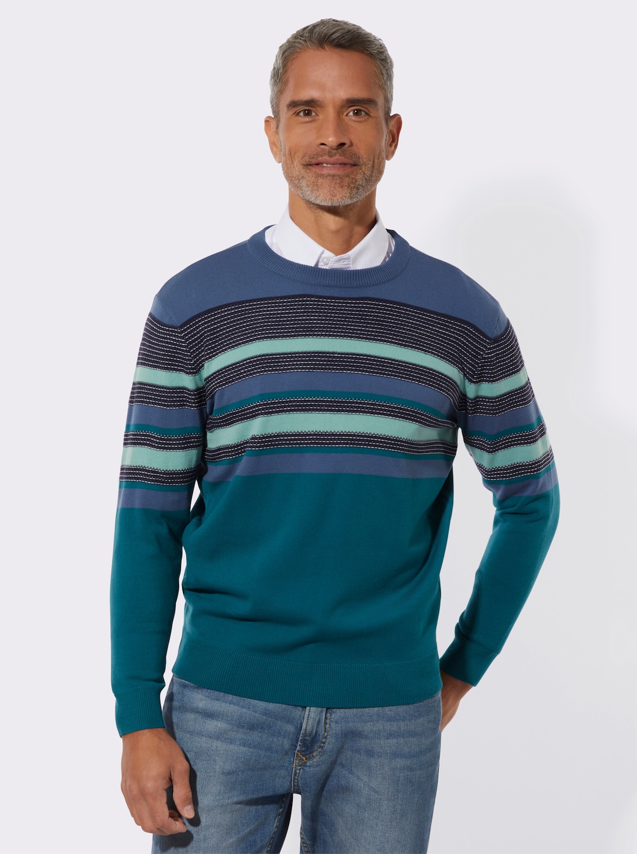 Rundhalspullover - jeansblau-petrol-geringelt