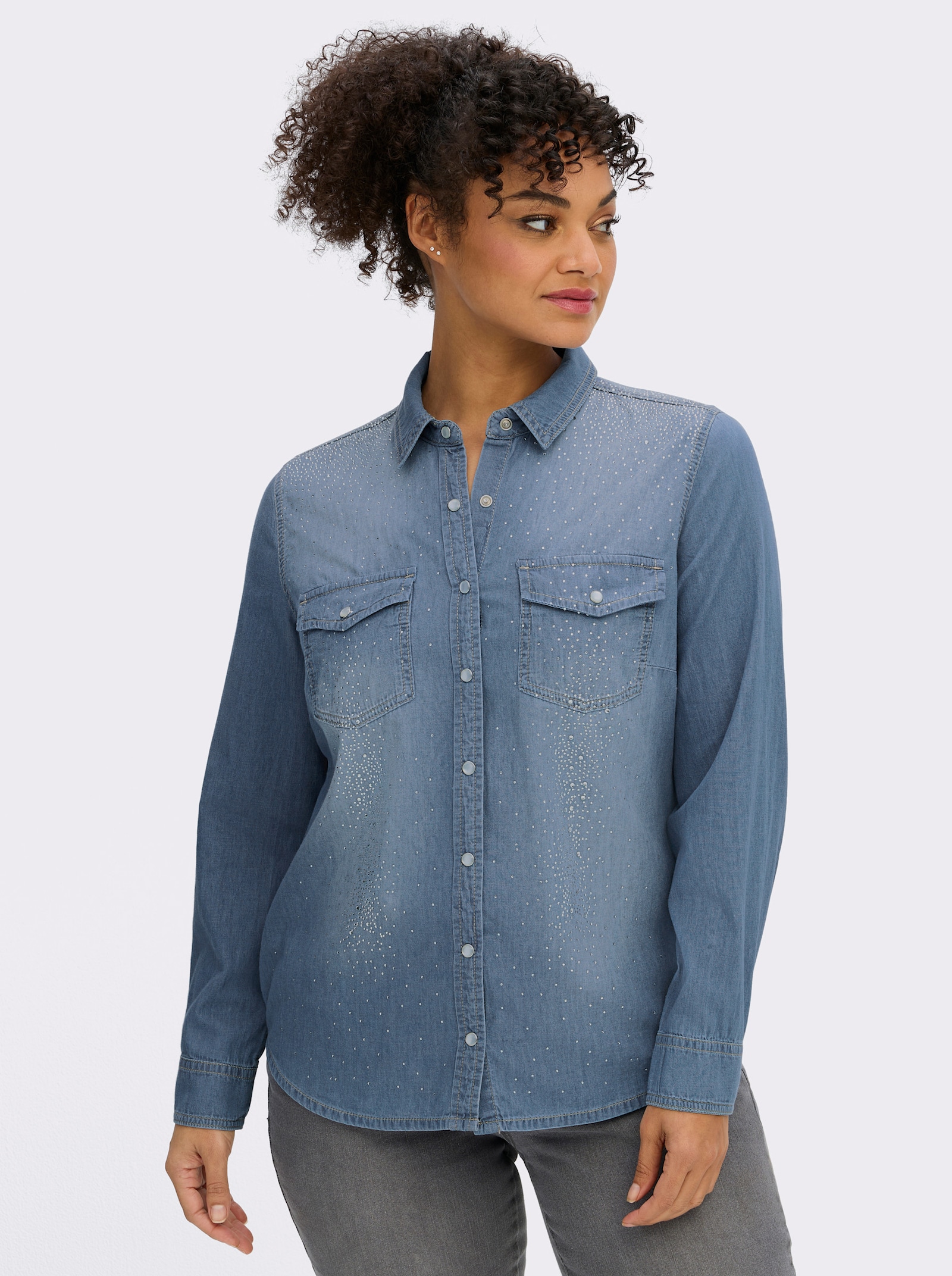 Jeansbluse mit Glitzersteinchen - blue-bleached