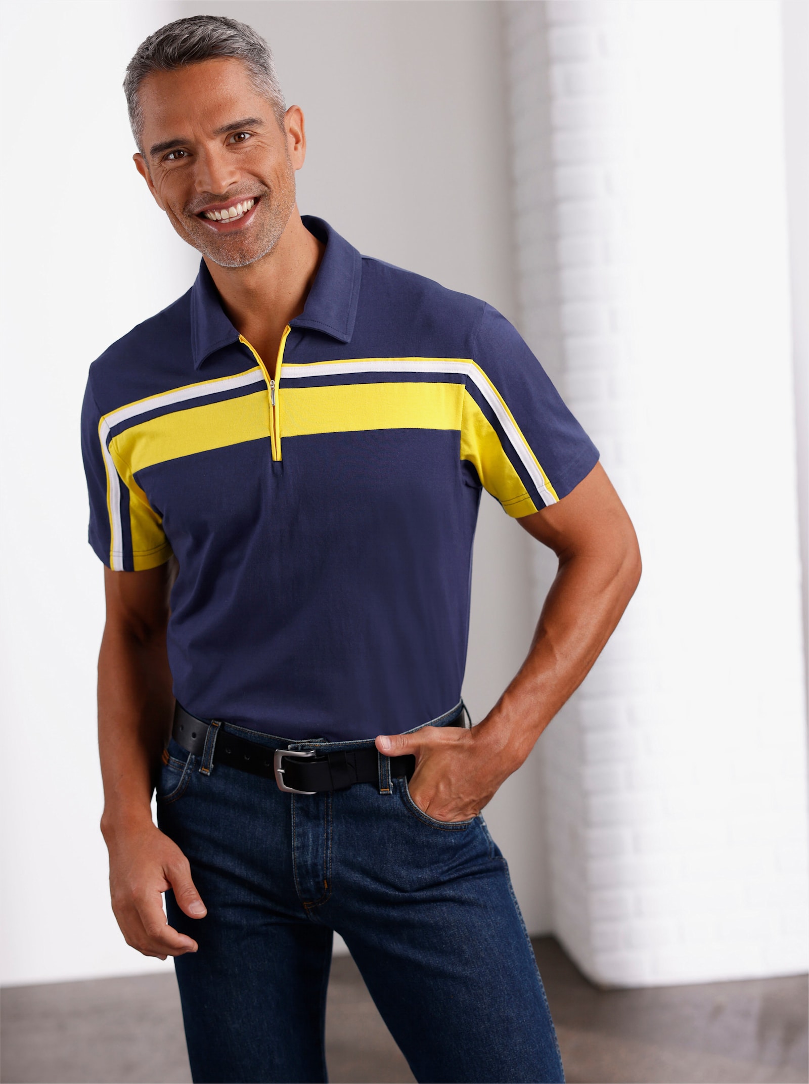 Poloshirt met korte ritssluiting - marine/zonnegeel