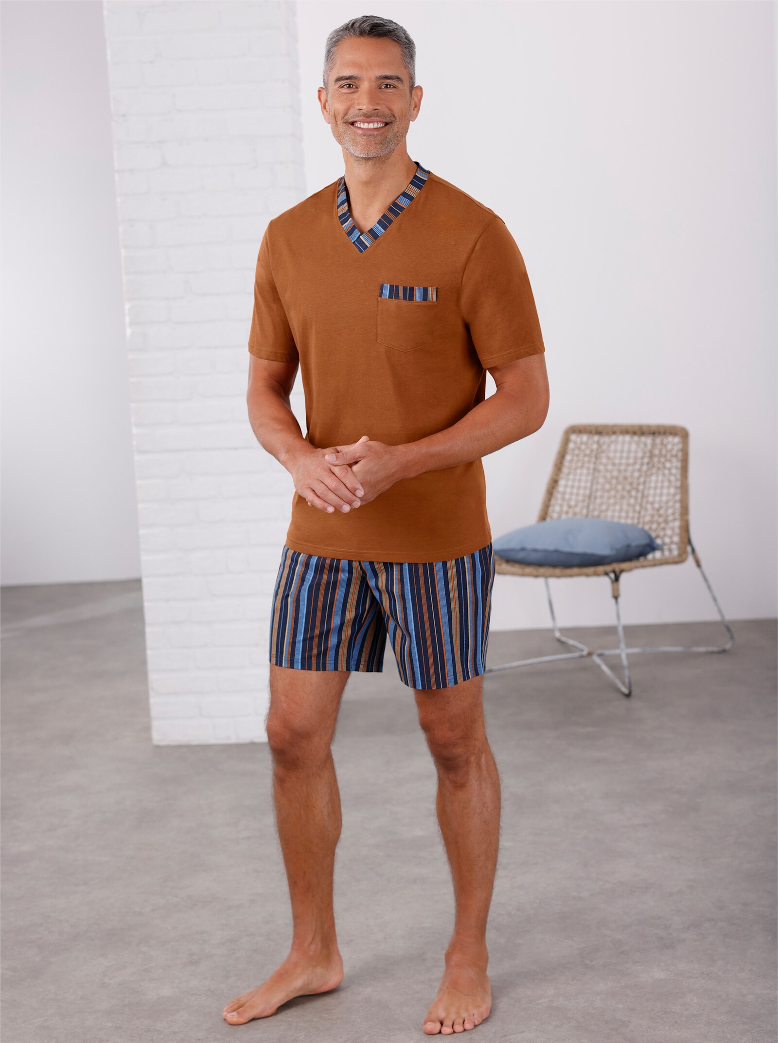 Shortama van katoen, gestreept - cognac gestreept