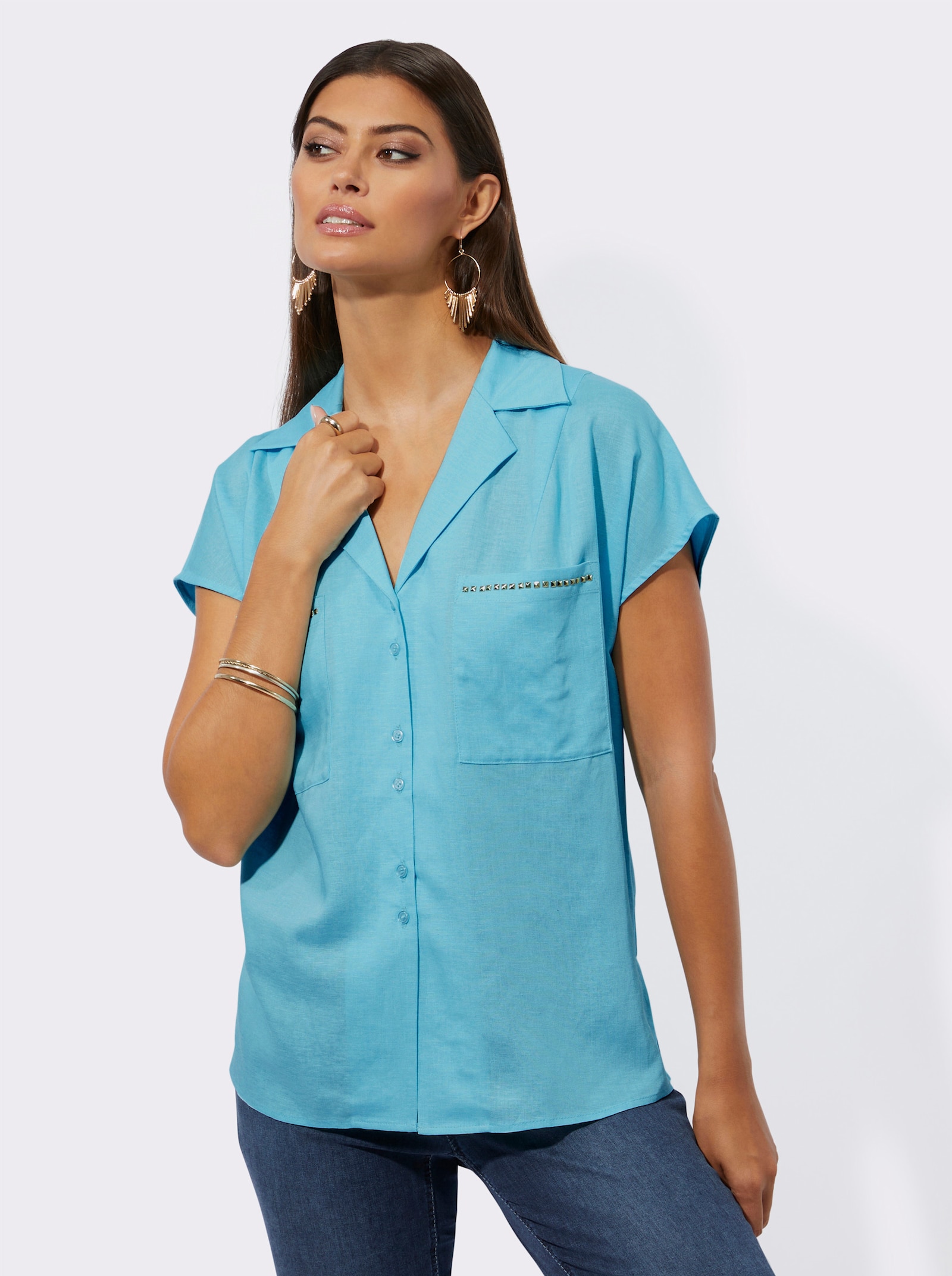 Kurzarmbluse mit Brusttaschen - aquamarin