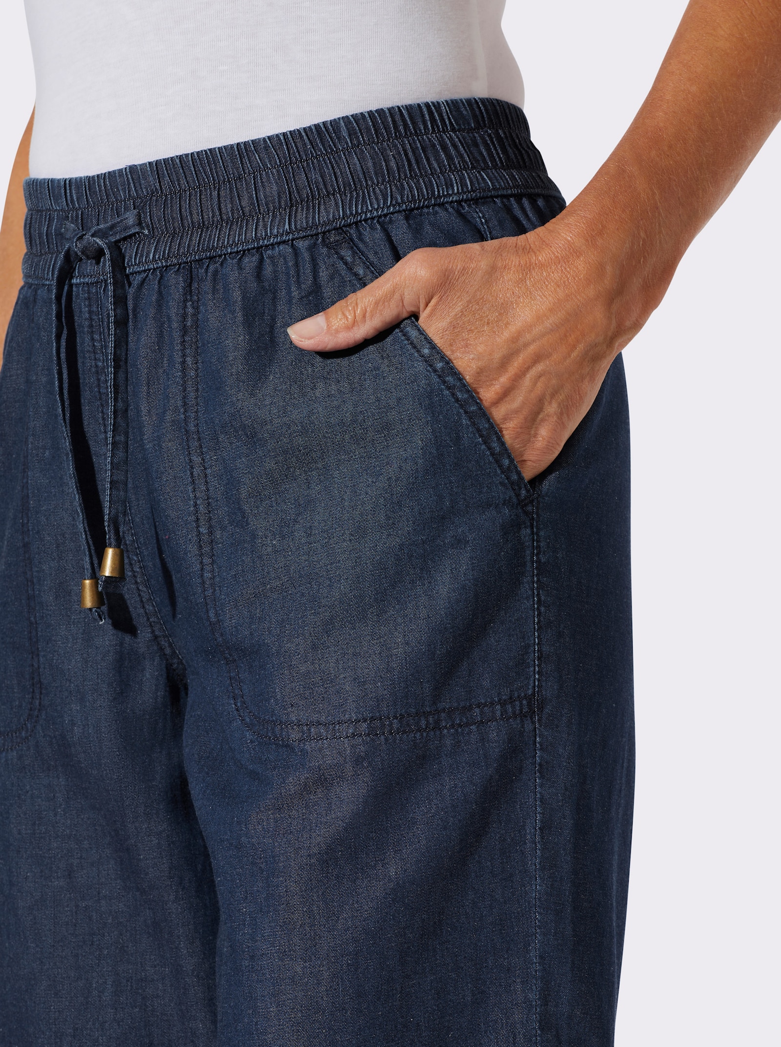 Jeansbermudas mit gesmoktem Dehnbund - blue-stone-washed