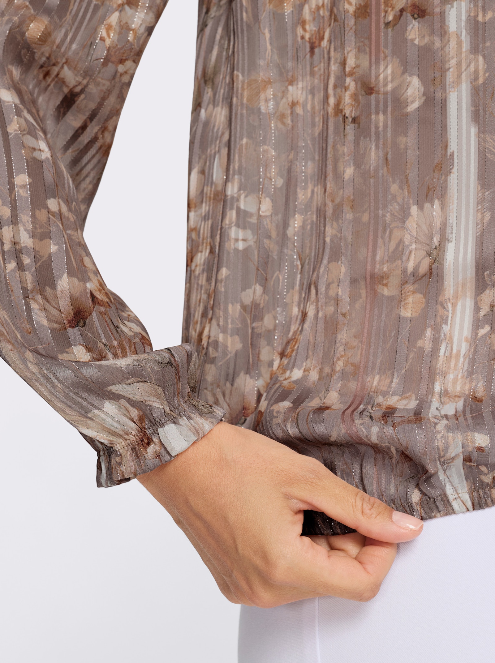 Schlupfbluse mit Glanzstreifen - schlamm-ecru-bedruckt