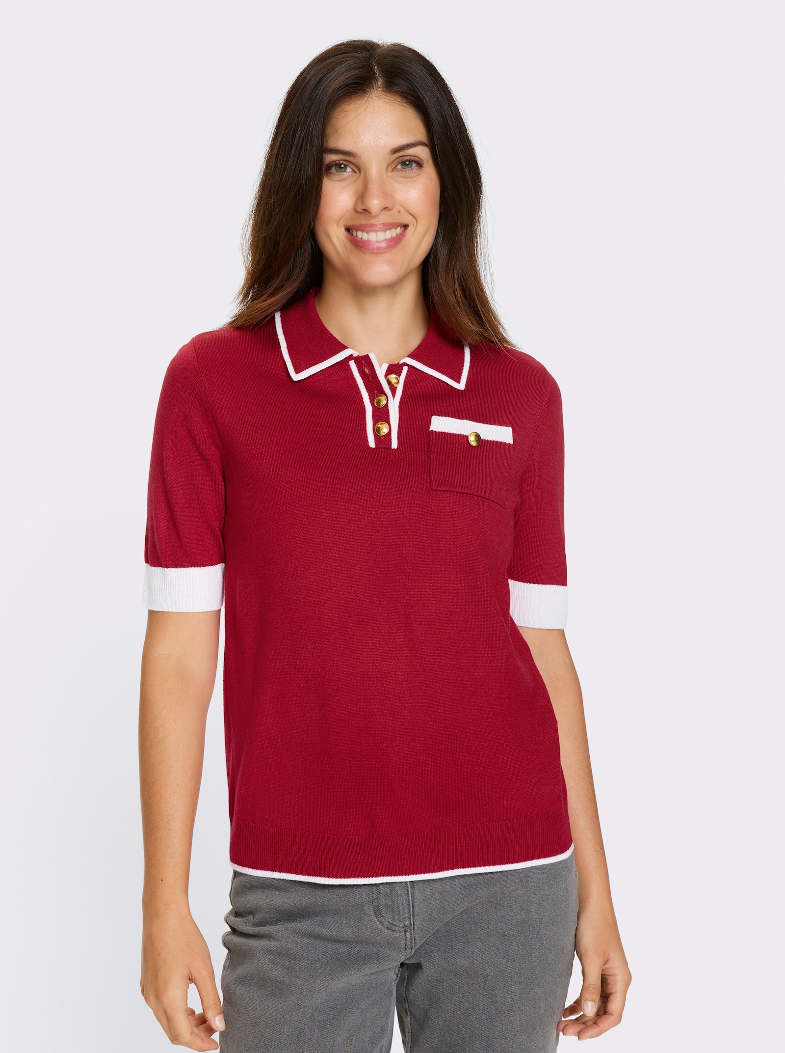 Kurzarmpullover mit Polokragen - rot-weiß