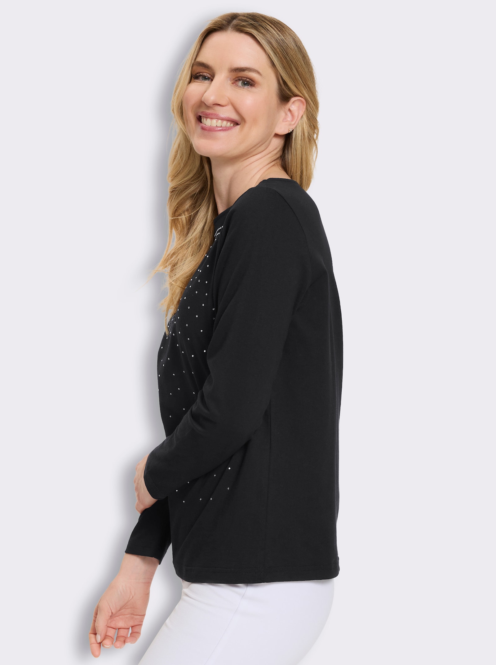Langarmshirt mit Glitzersteinchen - schwarz